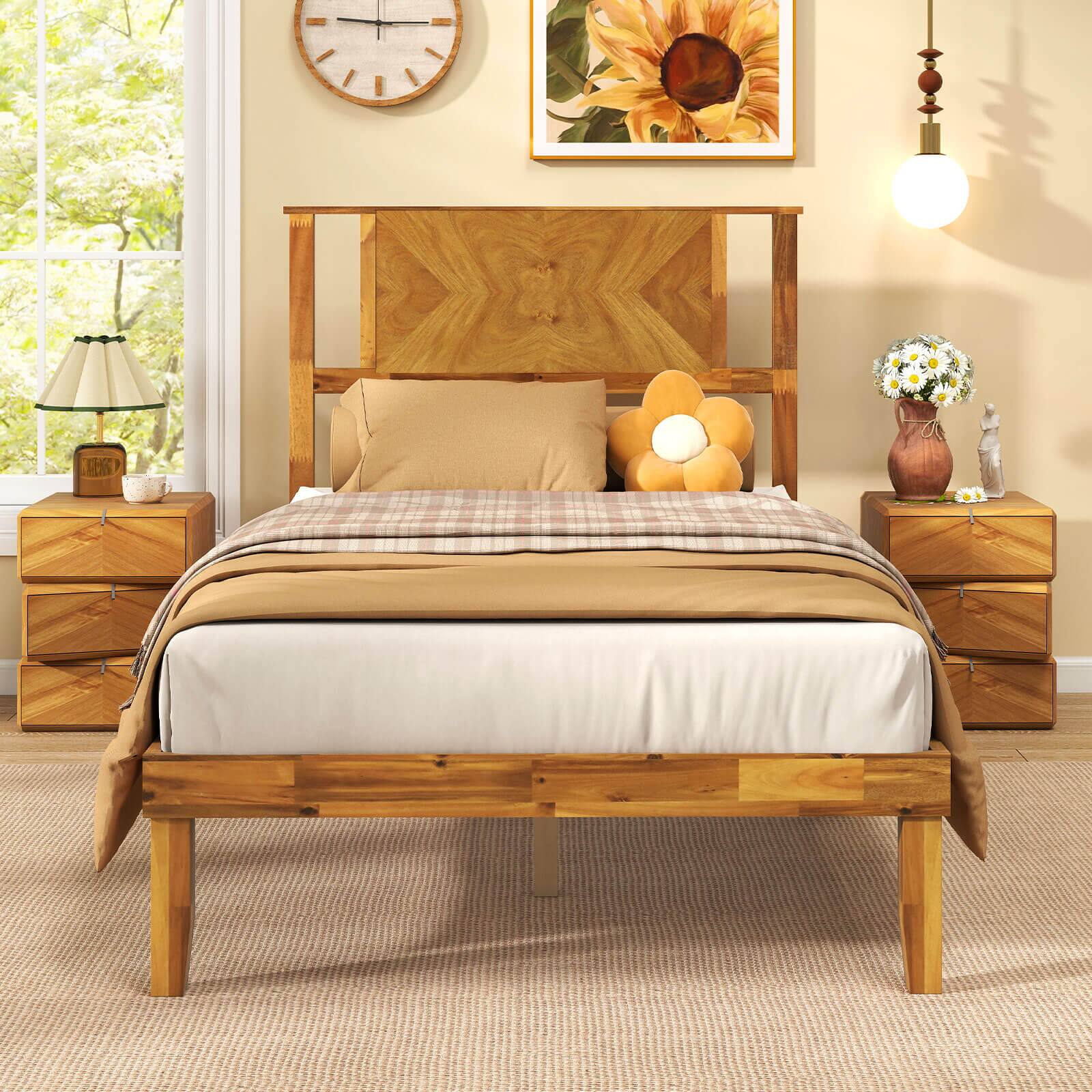 Alt View 3. Costway - Costway Twin Size Bed Frame with Headboard Under-Bed Space No Box Spring Needed - Natural.