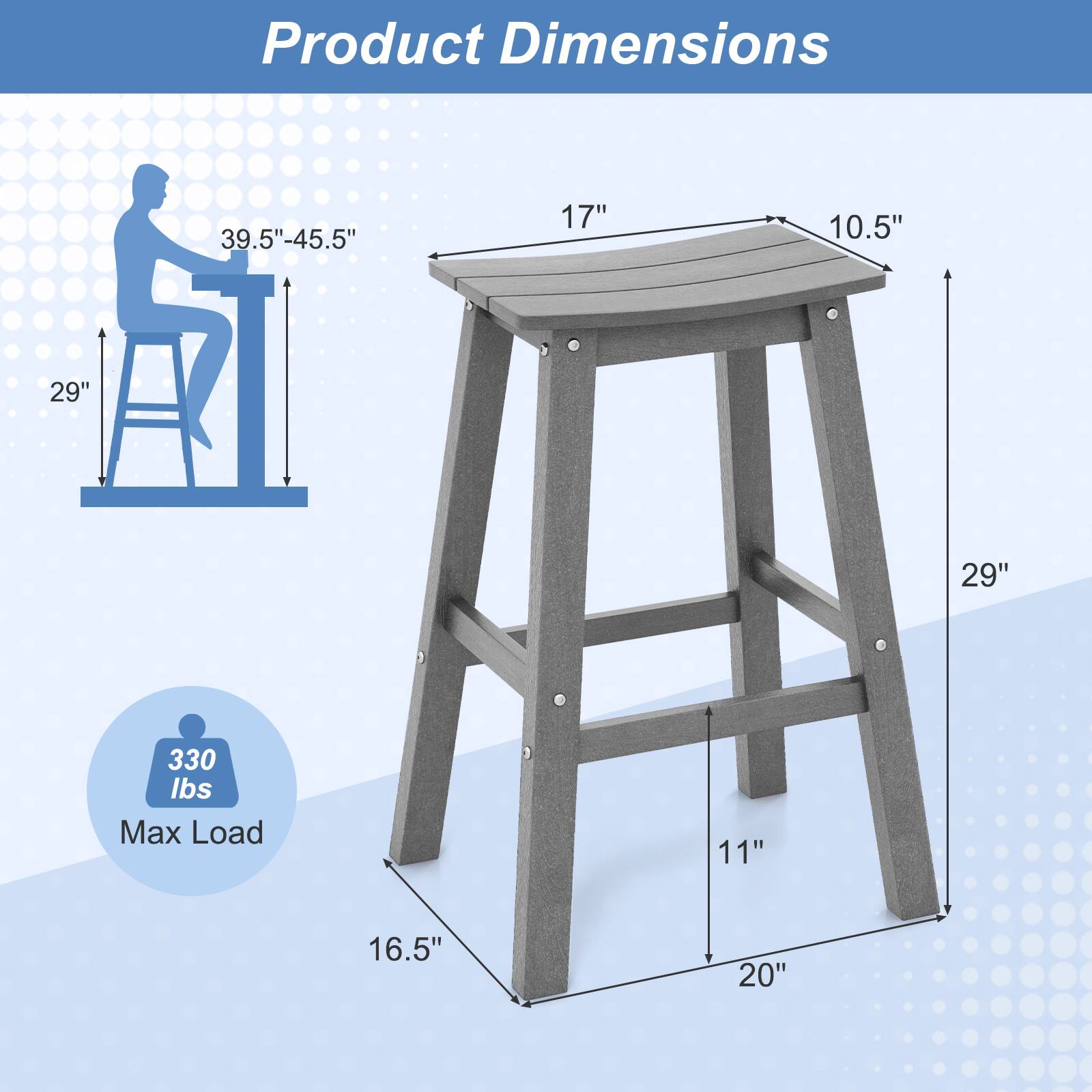 Product Dimensions: 17" x 10.5" x 29"  
Height Range: 39.5"-45.5"  
Base Dimensions: 16.5" x 20"  
Max Load: 330 lbs