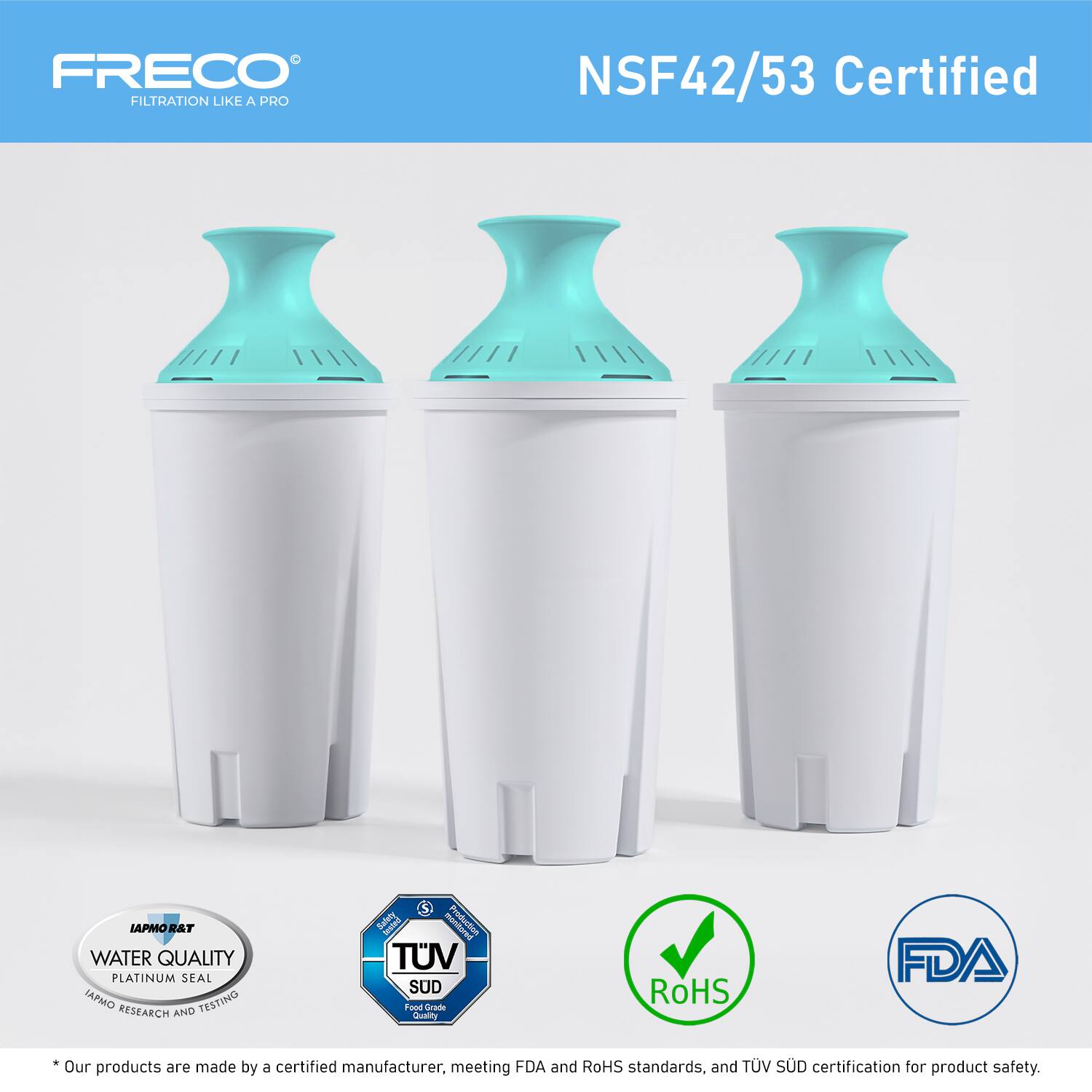 FRECO  
FILTRATION LIKE A PRO  

NSF42/53 Certified  

* Our products are made by a certified manufacturer, meeting FDA and RoHS standards, and TÜV SÜD certification for product safety.  

- NSF42/53 Certified  
- LAPMO R&T WATER QUALITY PLATINUM SEAL  
- IAPMO TESTING RESEARCH AND TESTING  
- TÜV SÜD  
- RoHS  
- FDA