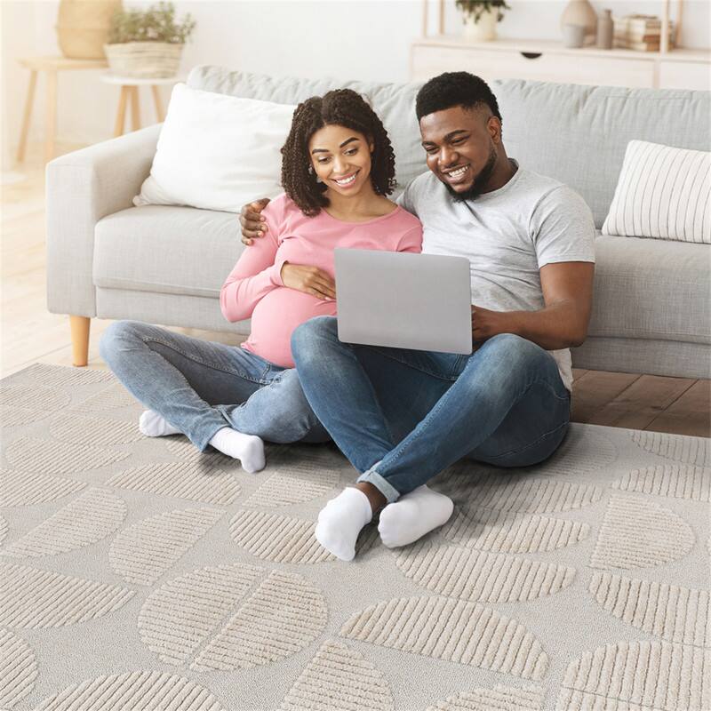 Back. HTUTWOO - High-Low Beige Indoor Area Rug - 7'9''x 10' Geometric Non-Shedding Carpet, Bohemian Style, Living Room Bedroom Kitchen - Beige.