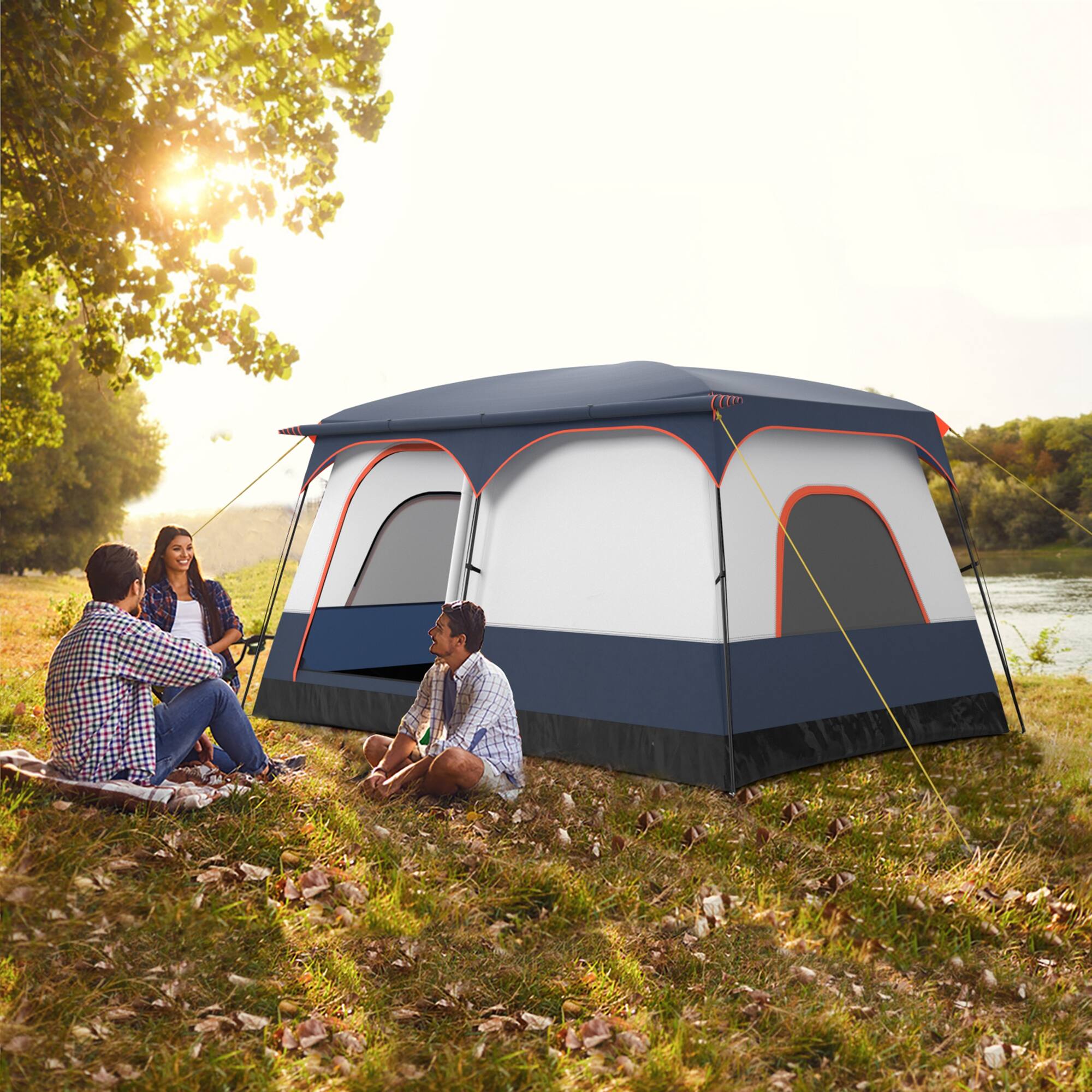 Alt View 1. Gymax - Gymax 8-Person Camping Tent with Porch Large Family Cabin Tent w/ 2 Rooms 2 Doors Blue - Blue.