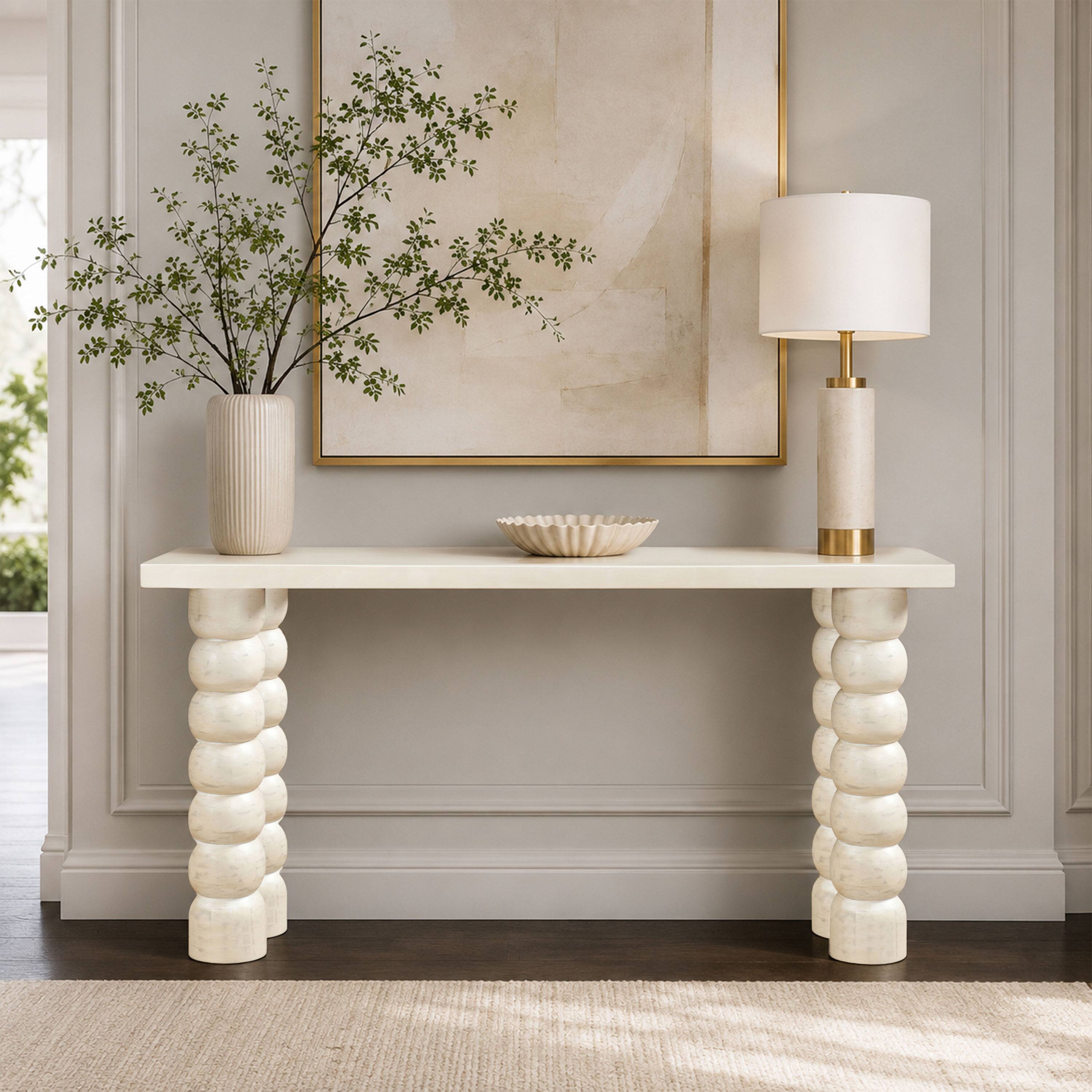 Alt View 7. Manhattan Lane - 69 Inch Sofa Console Table, Antique Mango Wood, Stacked Beaded Legs - Antique White.