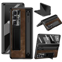 Dteck - for Samsung Galaxy Z Fold 7 Case Vintage PU Leather Full Body Hinge Cover with Built-in Front Screen Protector - Coffee