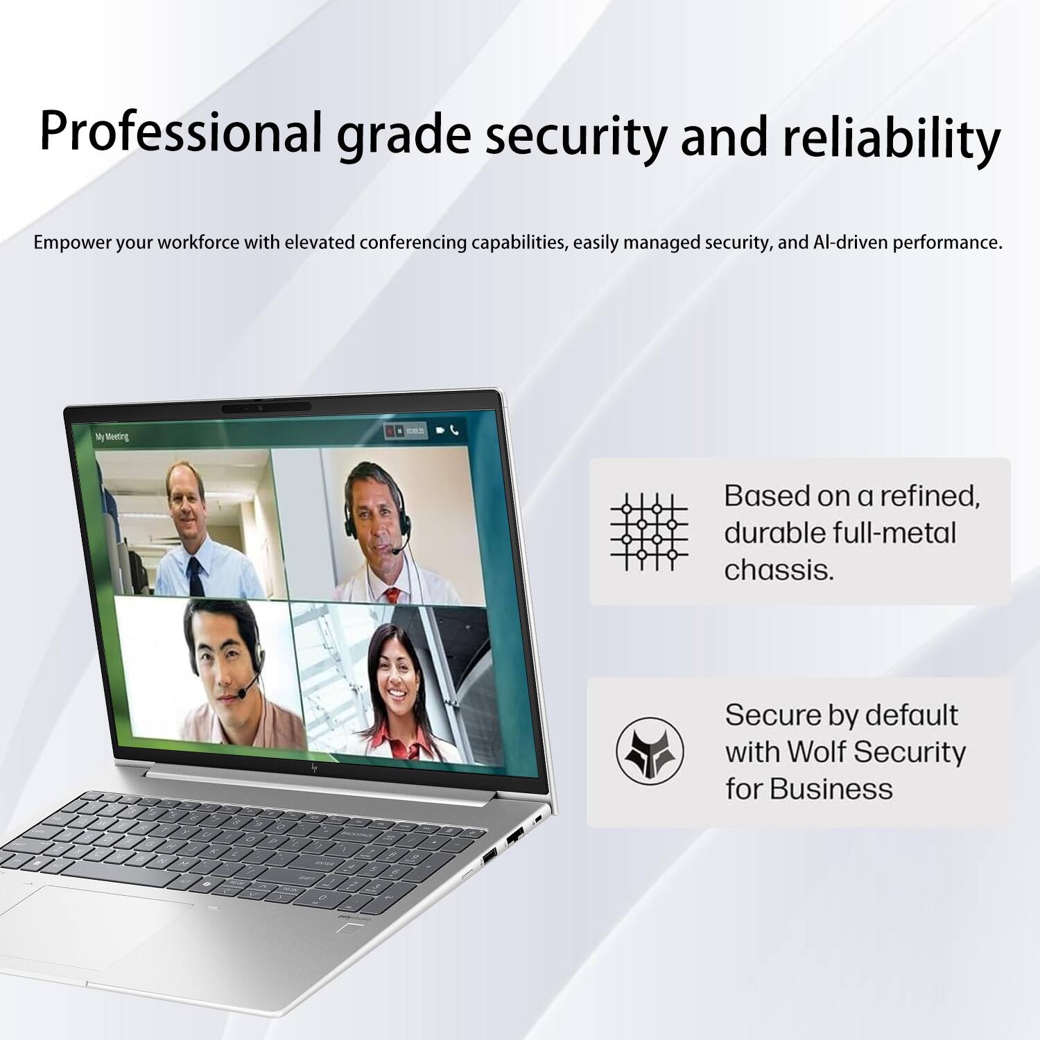 Professional grade security and reliability

Empower your workforce with elevated conferencing capabilities, easily managed security, and AI-driven performance.

- Based on a refined, durable full-metal chassis.
- Secure by default with Wolf Security for Business
