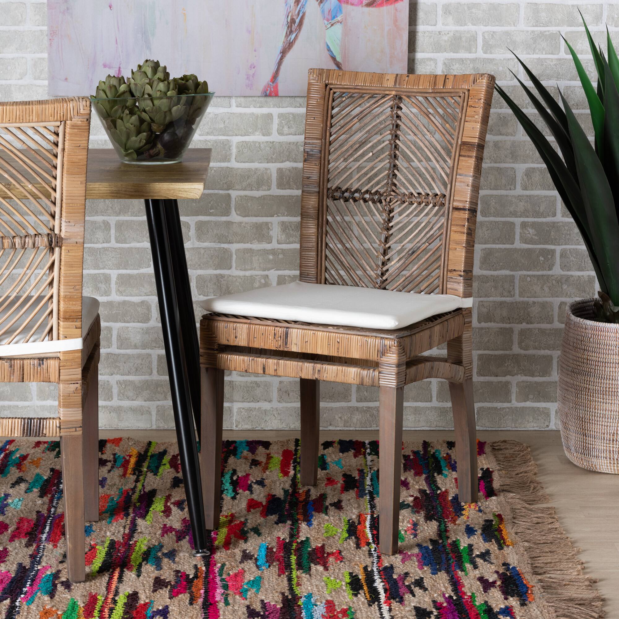 Alt View 4. bali & pari - Laluna Modern Bohemian Natural Rattan and Mahogany Dining Chair with Cushion - Greywashed/White.