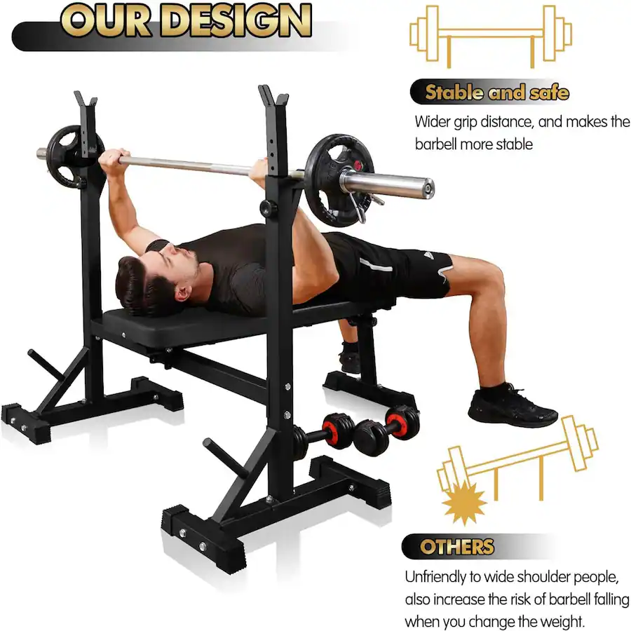 KERDOM Adjustable Height Weightlifting Set, Weight Bench + Squat Rack ...