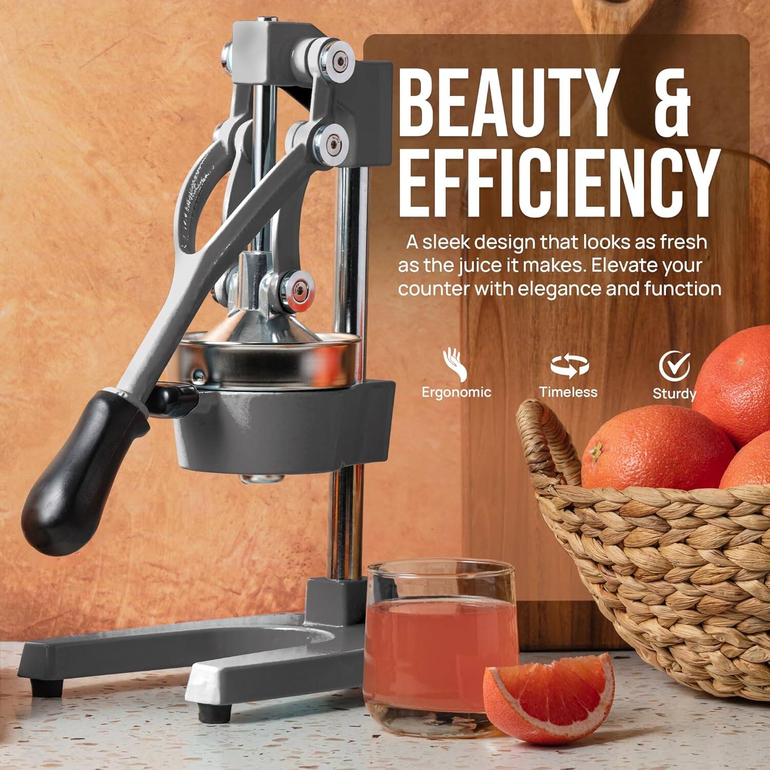 BEAUTY & EFFICIENCY

A sleek design that looks as fresh as the juice it makes. Elevate your counter with elegance and function

Ergonomic  
Timeless  
Sturdy