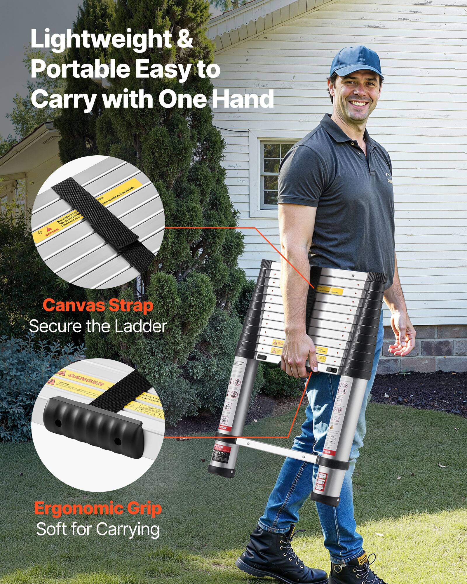 Lightweight & Portable Easy to Carry with One Hand

Canvas Strap Secure the Ladder

Ergonomic Grip Soft for Carrying