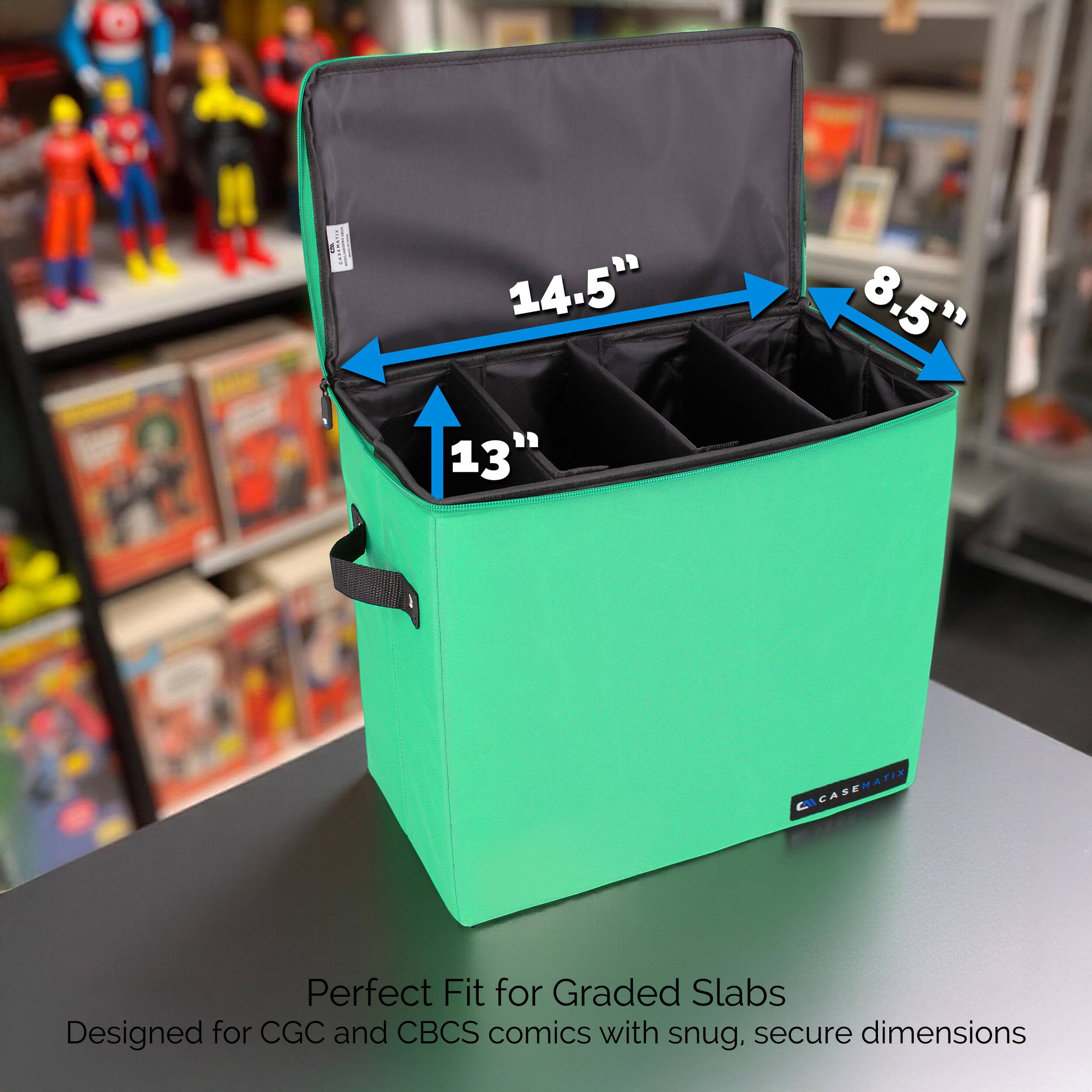 EERES.  
14.5" 13" 8.5"  
CASEMATIX  
Perfect Fit for Graded Slabs  
Designed for CGC and CBCS comics with snug, secure dimensions