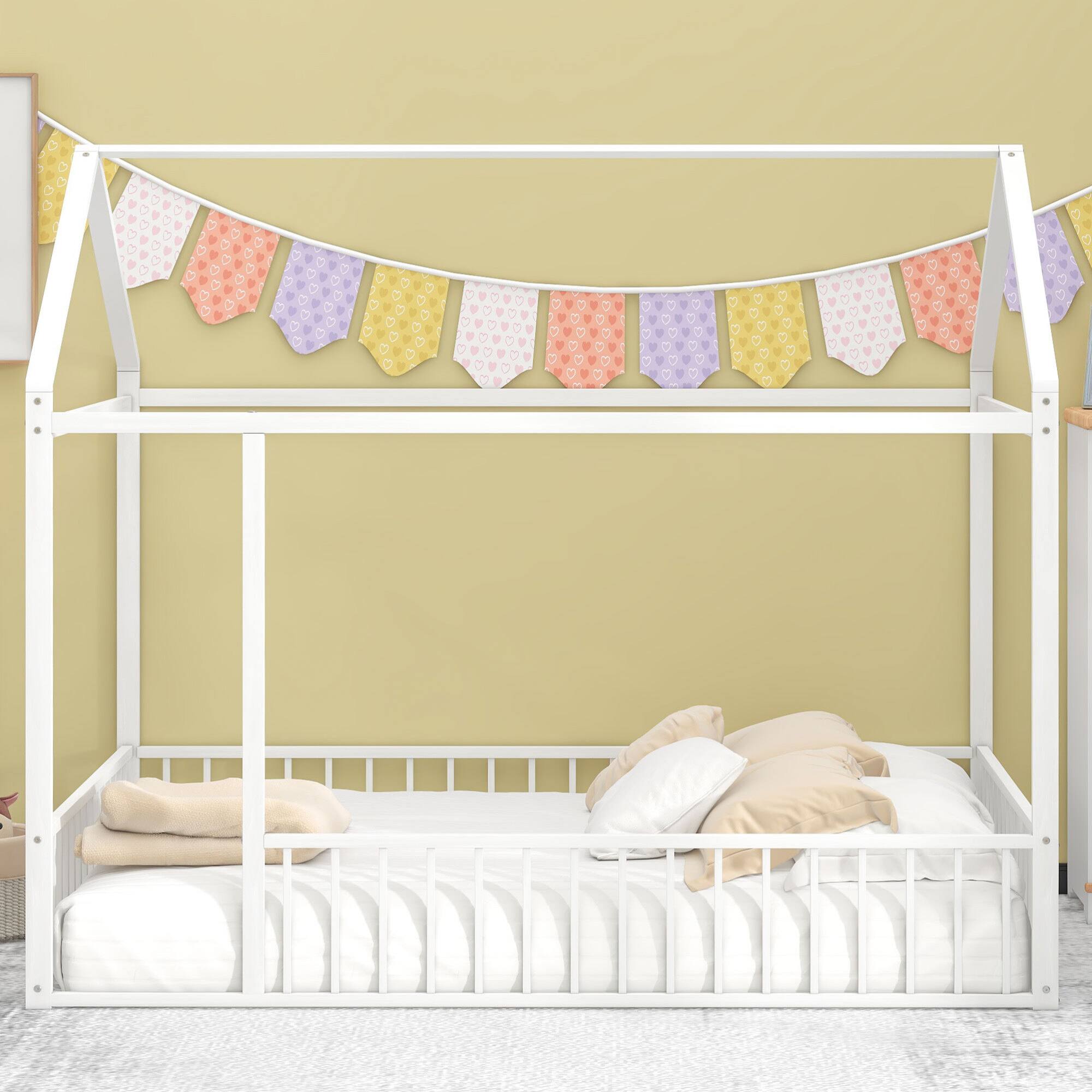 Angle. GOODSILO - Full Size Metal House Bed Frame with Playhouse Design for Kids and Teens - White.