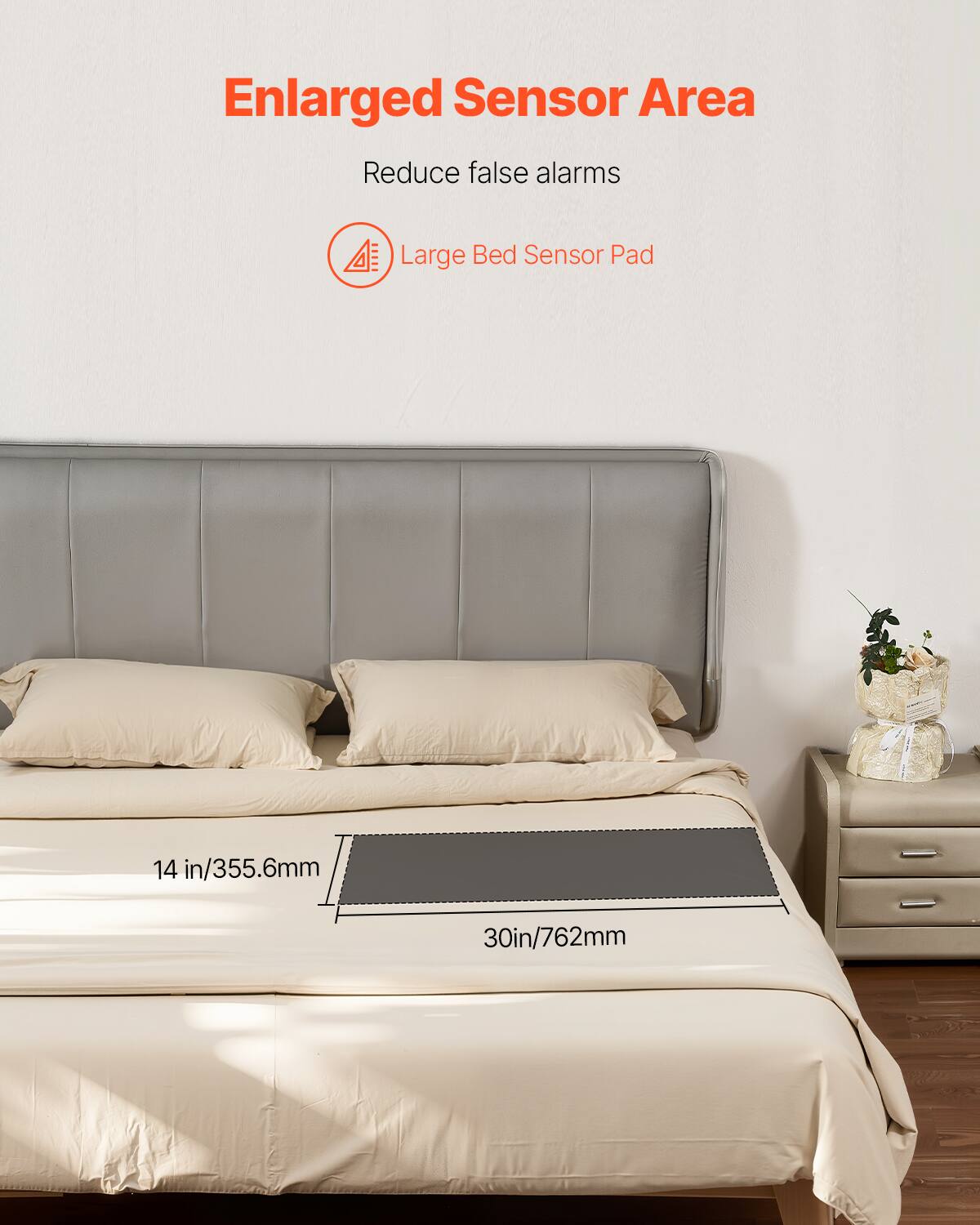 Enlarged Sensor Area  
Reduce false alarms  

Large Bed Sensor Pad  

14 in/355.6mm  
30 in/762mm