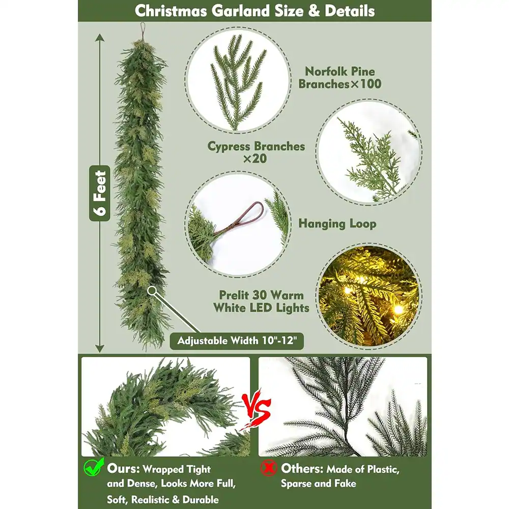 Christmas Garland Size & Details

- Norfolk Pine Branches x 100
- Cypress Branches x 20
- Hanging Loop
- Prelit 30 Warm White LED Lights
- Adjustable Width 10"-12"

Ours: Wrapped Tight and Dense, Looks More Full, Soft, Realistic & Durable

Others: Made of Plastic, Sparse and Fake