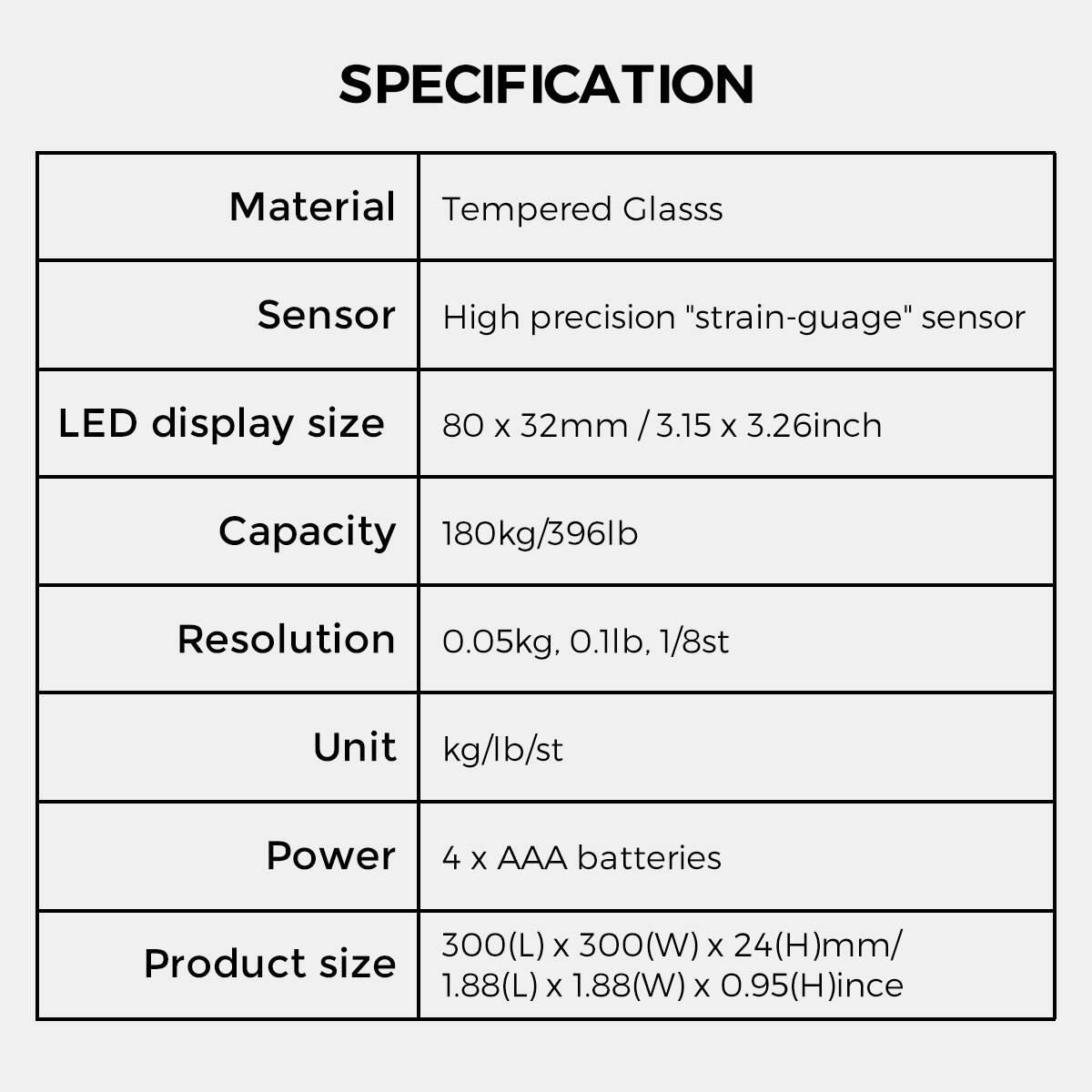 **SPECIFICATION**

- **Material:** Tempered Glass
- **Sensor:** High precision "strain-gauge" sensor
- **LED display size:** 80 x 32mm / 3.15 x 3.26inch
- **Capacity:** 180kg/396lb
- **Resolution:** 0.05kg, 0.1lb, 1/8st
- **Unit:** kg/lb/st
- **Power:** 4 x AAA batteries
- **Product size:** 300(L) x 300(W) x 24(H)mm / 1.88(L) x 1.88(W) x 0.95(H)inch