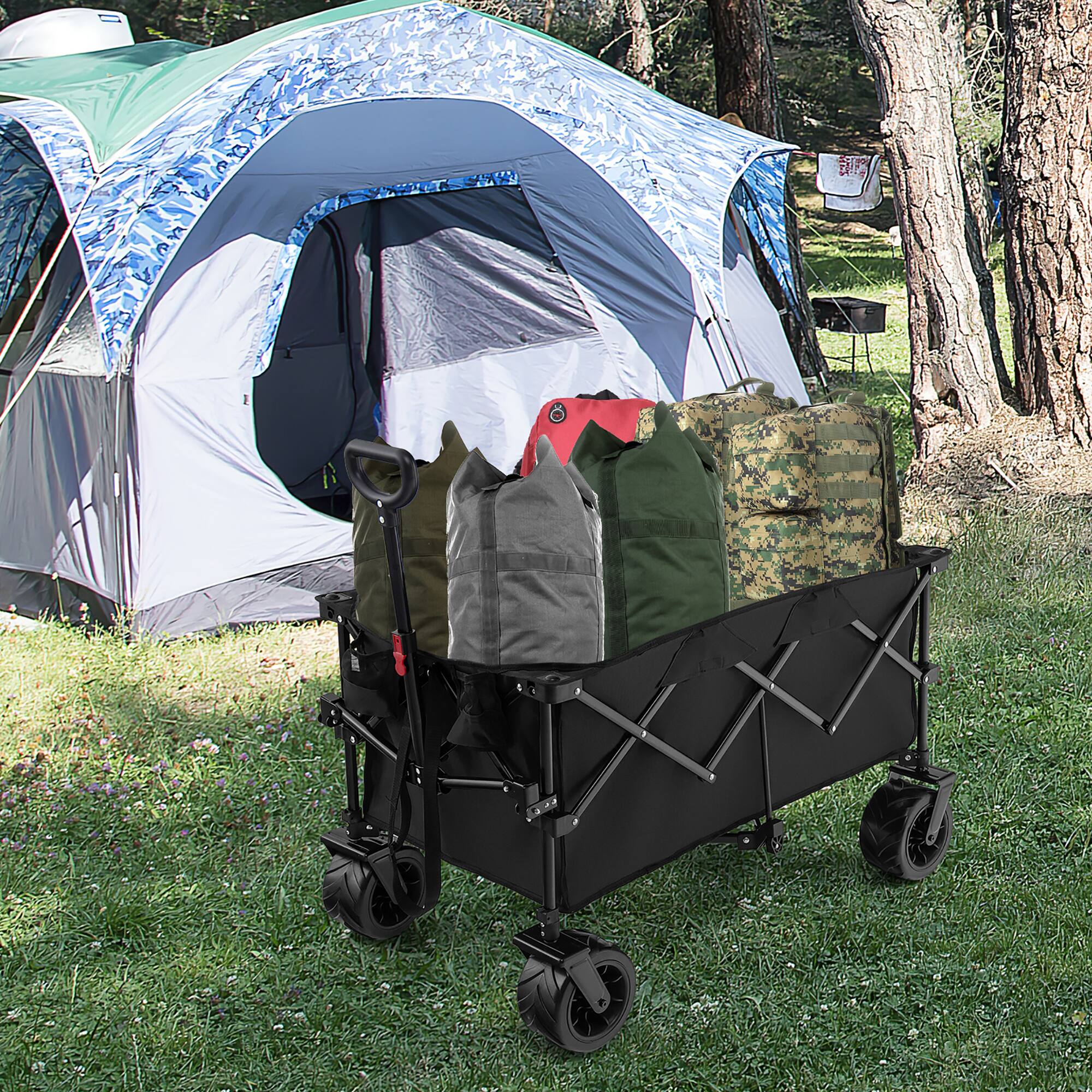 Alt View 1. Costway - Folding Collapsible Wagon Utility Garden Cart w/ Wide Wheels Adjustable Handle Black - Black.