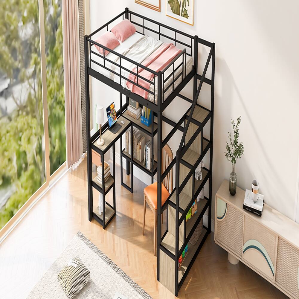 Alt View 3. Loheer - Loheer Full Size Metal Loft Bed with Desk, Staircase and Shelves, Black - Black.