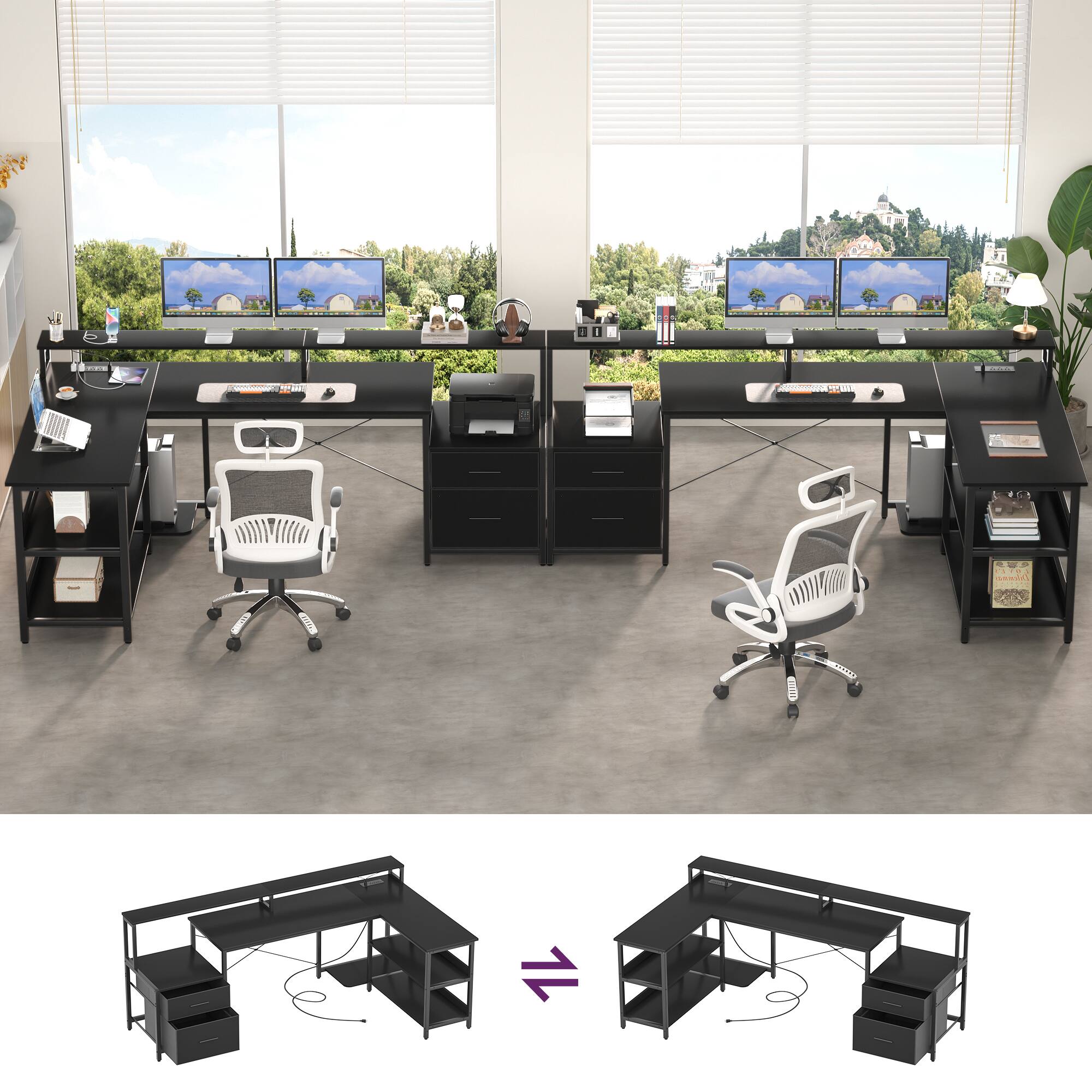 Left. Aheaplus - Reversible L Shaped Gaming/Office Desk with Power Outlet, File Drawer, Monitor Stand, LED Strip & Storage Shelf - Black.