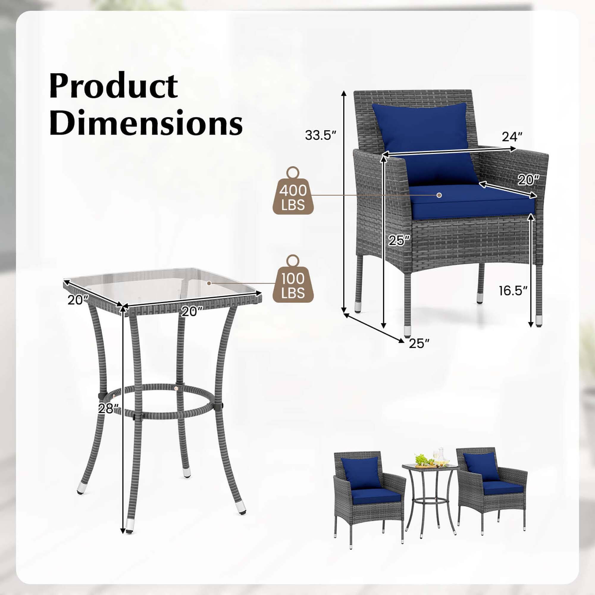 Product Dimensions

- Table: 20" x 20" x 28"
- Chair: 33.5" x 24" x 25" x 16.5"
- Weight Capacity: 400 LBS (Table) / 100 LBS (Chair)