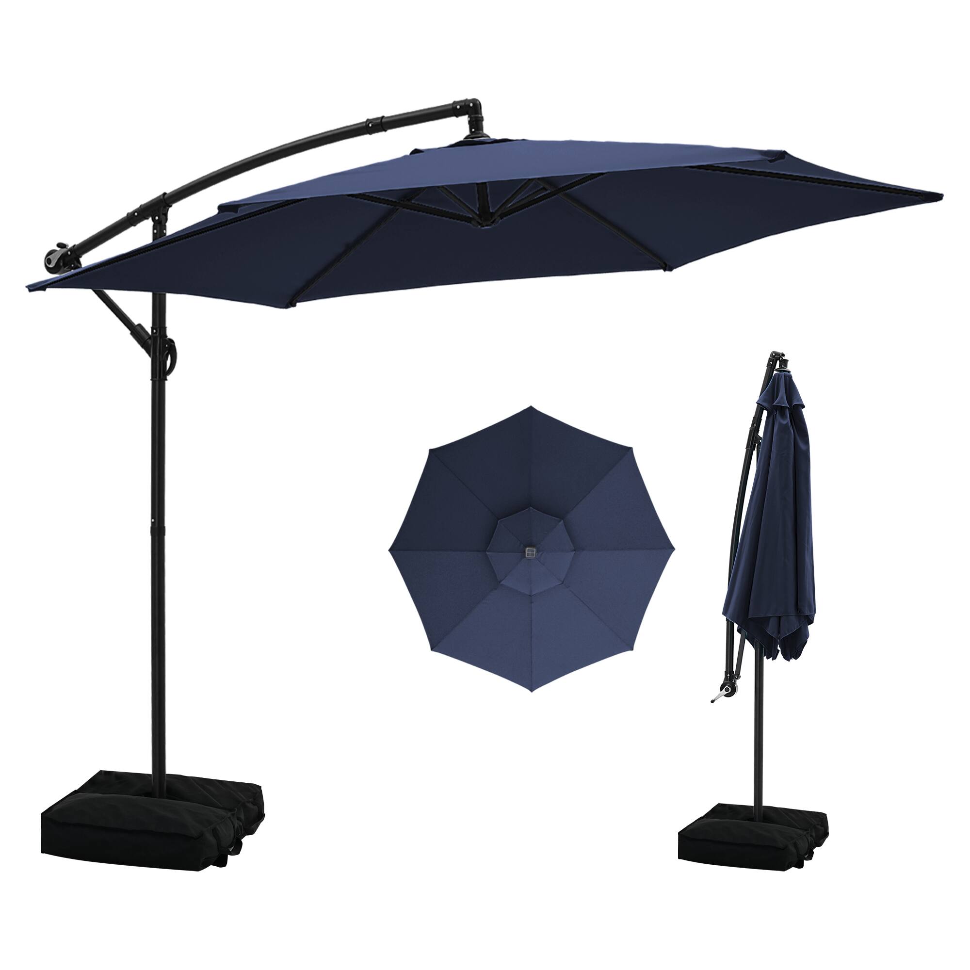 Front. Ainfox - Ainfox 10FT Outdoor Patio Cantilever Umbrella Hanging Offset with Cross Base & Sand Bags for Market,Backyard - Navy Blue.