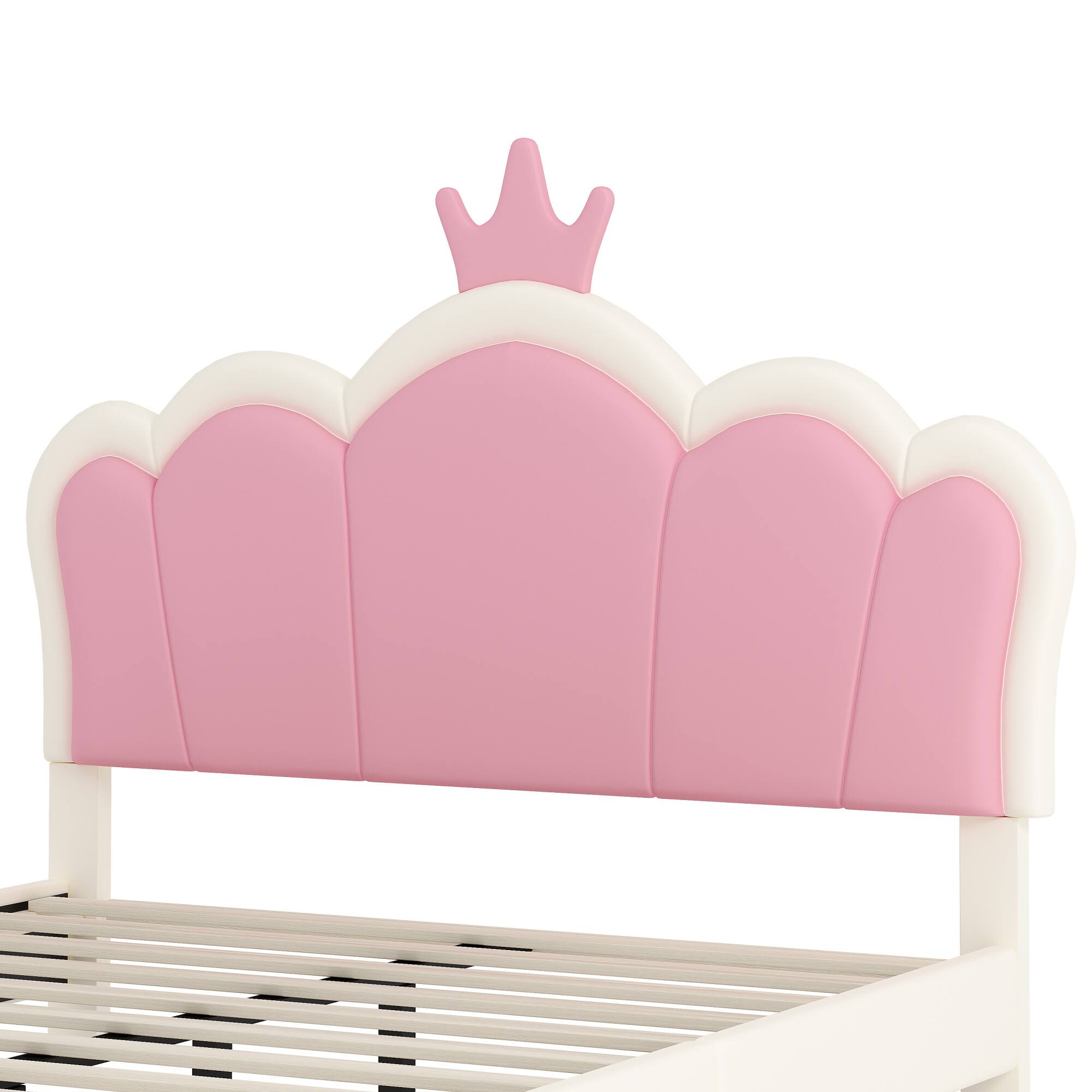 Alt View 5. GOODSILO - Full Size Upholstered Princess Bed with Crown Headboard and Footboard Platform Bed Frame - Cream.