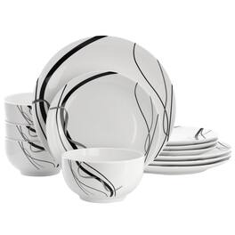 Elama - Sarah 12 Piece Porcelain Black Ribbon Dinnerware Set, Service for 4 and Black - White
