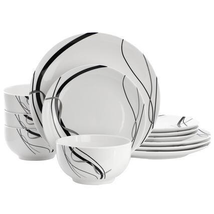 Front. Elama - Elama Sarah 12 Piece Porcelain Black Ribbon Dinnerware Set, Service for 4 in White and Black - White.