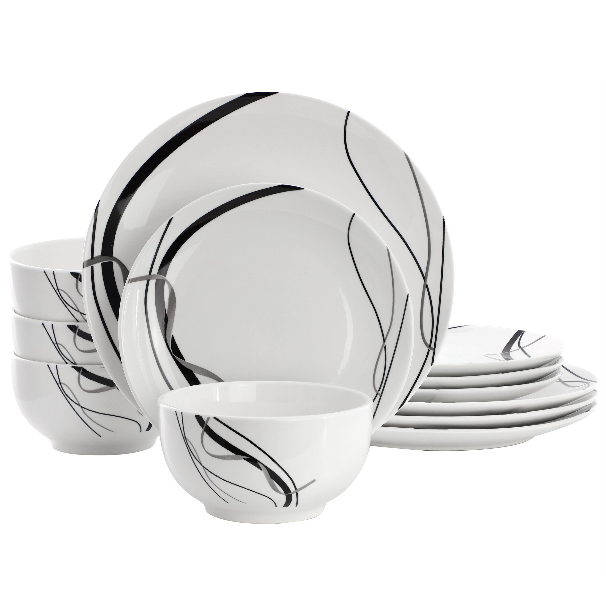 Front. Elama - Elama Sarah 12 Piece Porcelain Black Ribbon Dinnerware Set, Service for 4 in White and Black - White.