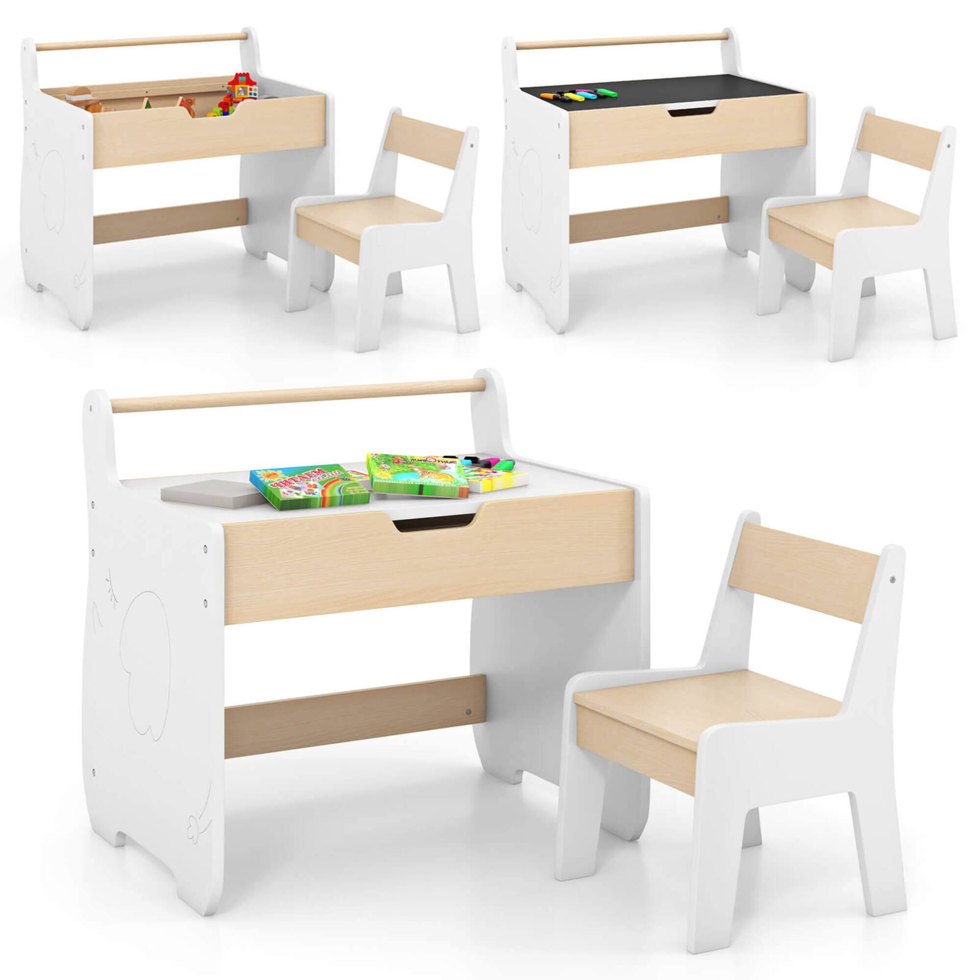 Alt View 8. Costway - Costway 3 In 1 Kids Wood Table and Chair Set with Detachable Tabletop Hidden Storage Paper - White.