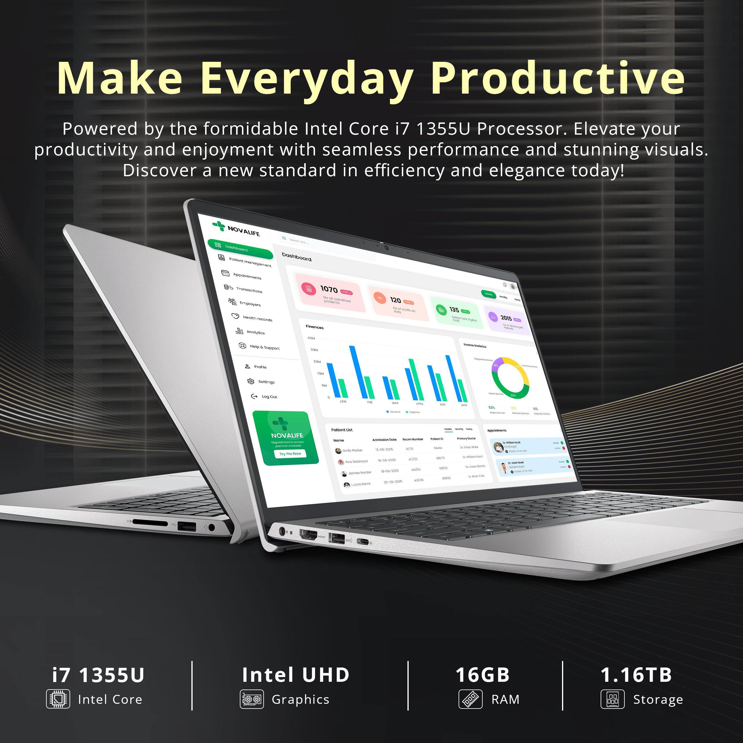 Make Everyday Productive

Powered by the formidable Intel Core i7 1355U Processor. Elevate your productivity and enjoyment with seamless performance and stunning visuals. Discover a new standard in efficiency and elegance today!

i7 1355U Intel Core
Intel UHD Graphics
16GB RAM
1.16TB Storage