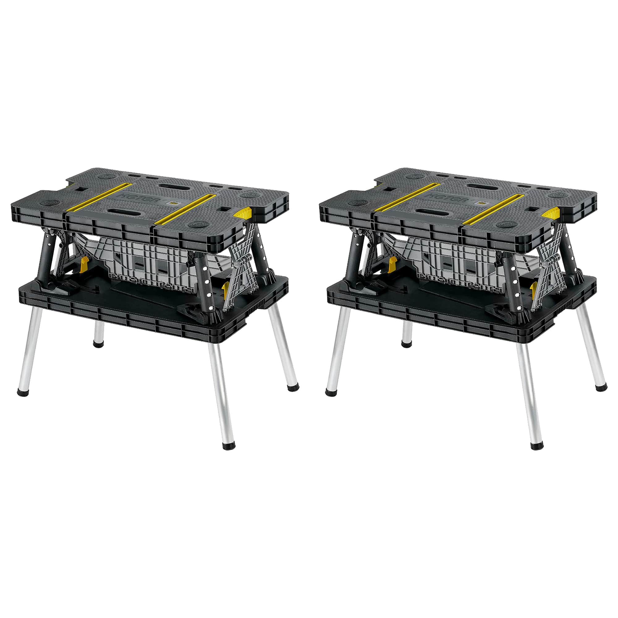 Keter - Folding Portable Workbench Sawhorse w/12 In Clamps, Black/Yellow (2 Pack) - Black and yellow