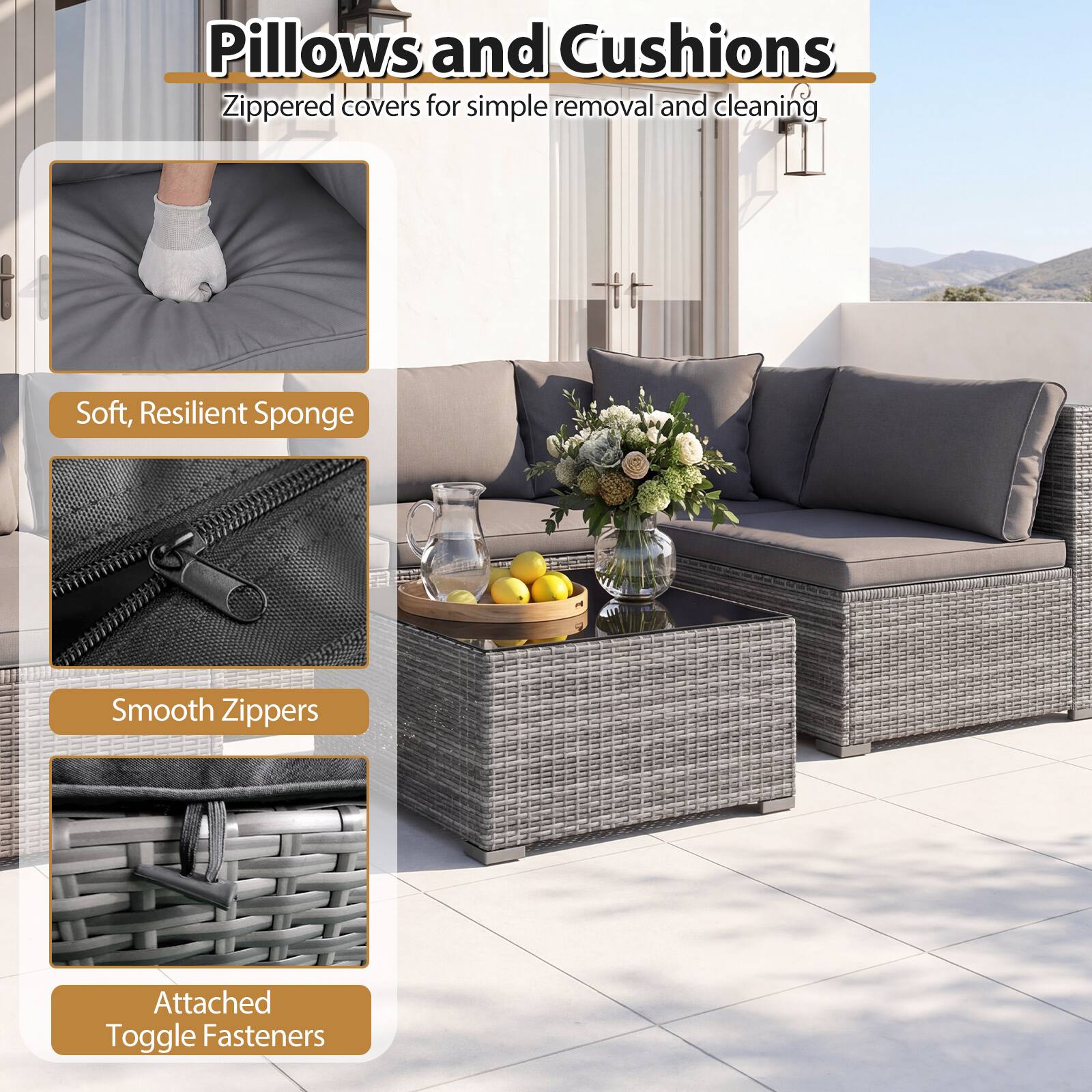 Pillows and Cushions  
Zippered covers for simple removal and cleaning  

- Soft, Resilient Sponge  
- Smooth Zippers  
- Attached Toggle Fasteners