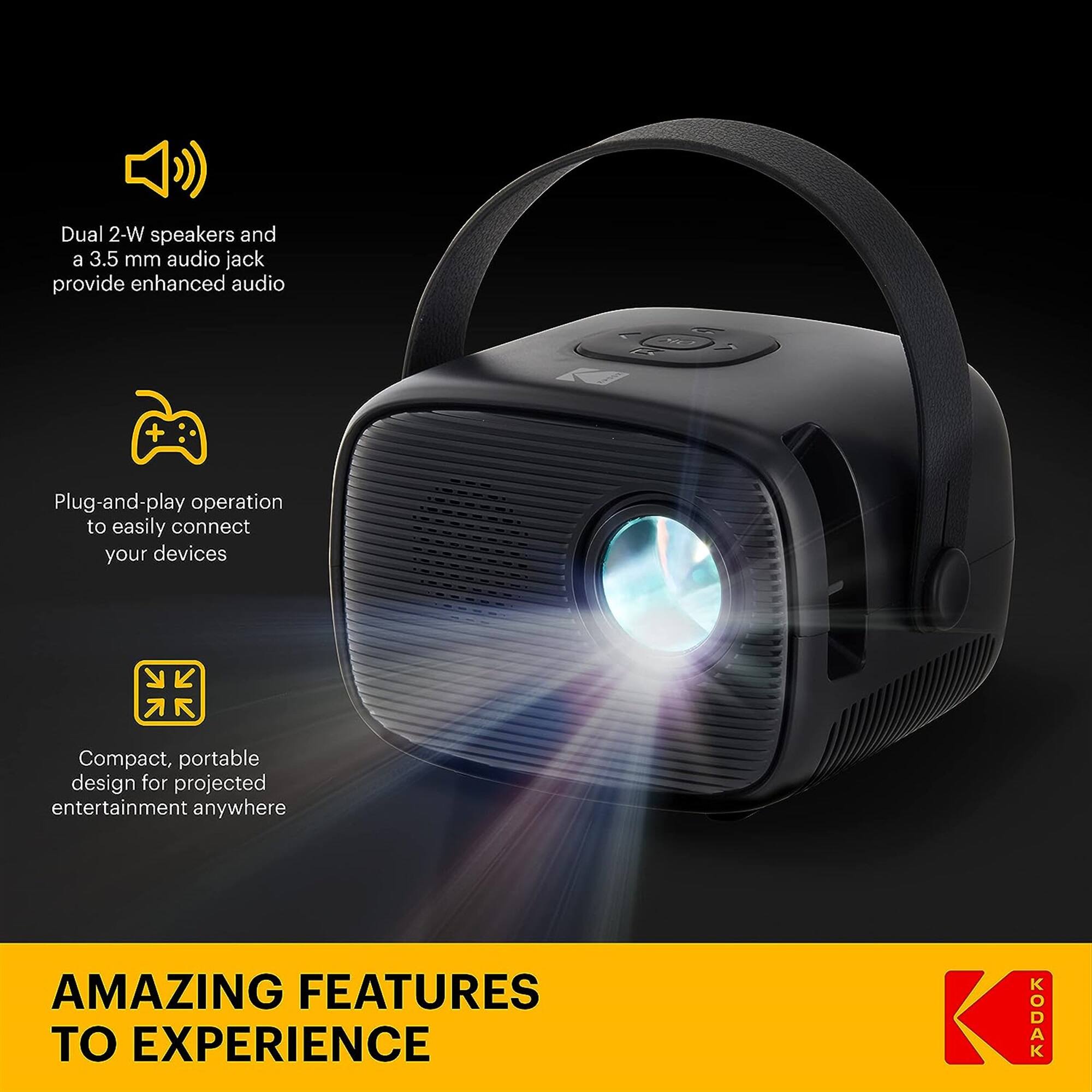 Dual 2-W speakers and a 3.5 mm audio jack provide enhanced audio. Plug-and-play operation to easily connect your devices. Compact, portable design for projected entertainment anywhere. AMAZING FEATURES TO EXPERIENCE KODAK.