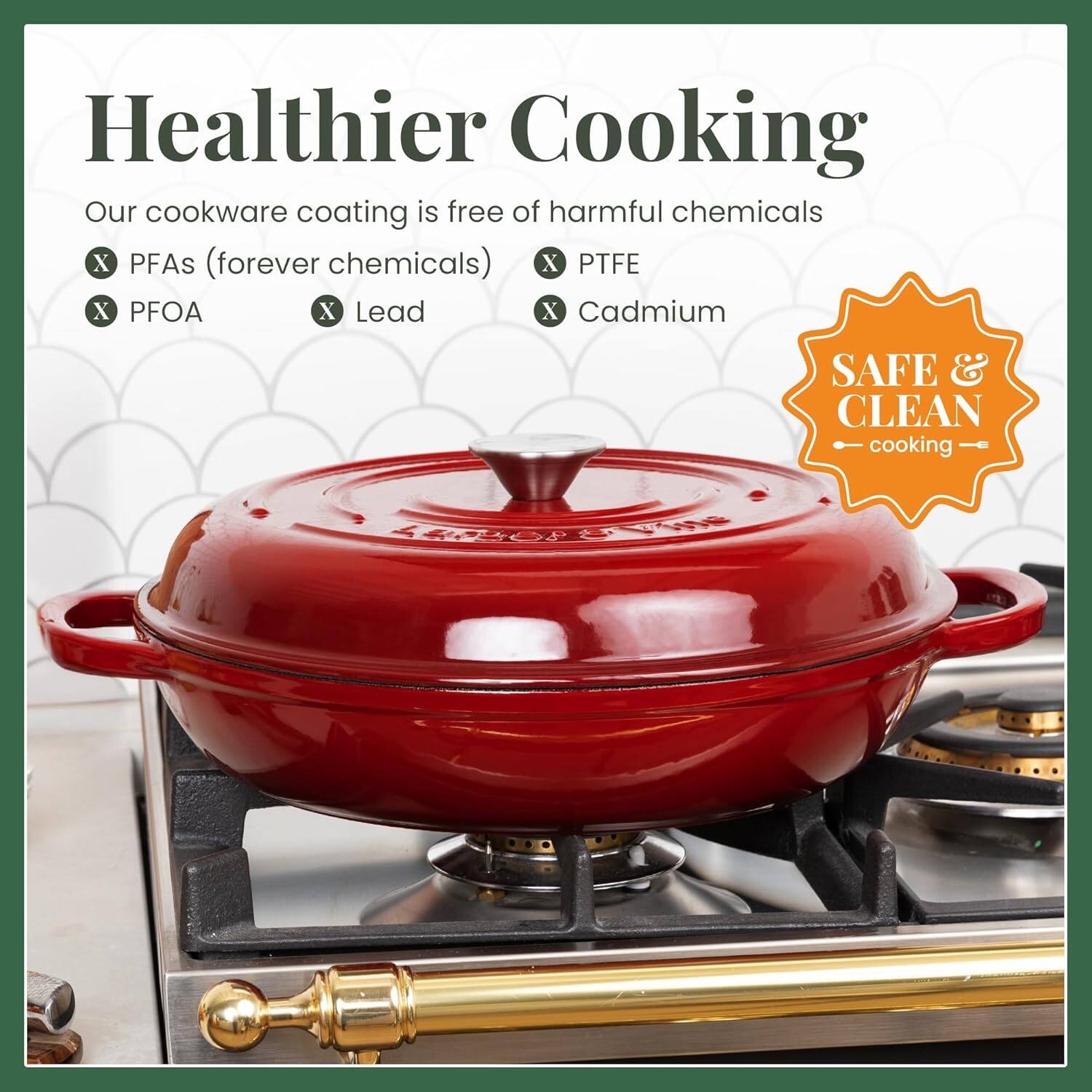Healthier Cooking

Our cookware coating is free of harmful chemicals
- PFAs (forever chemicals)
- PFOA
- Lead
- Cadmium
- PTFE

SAFE & CLEAN cooking
