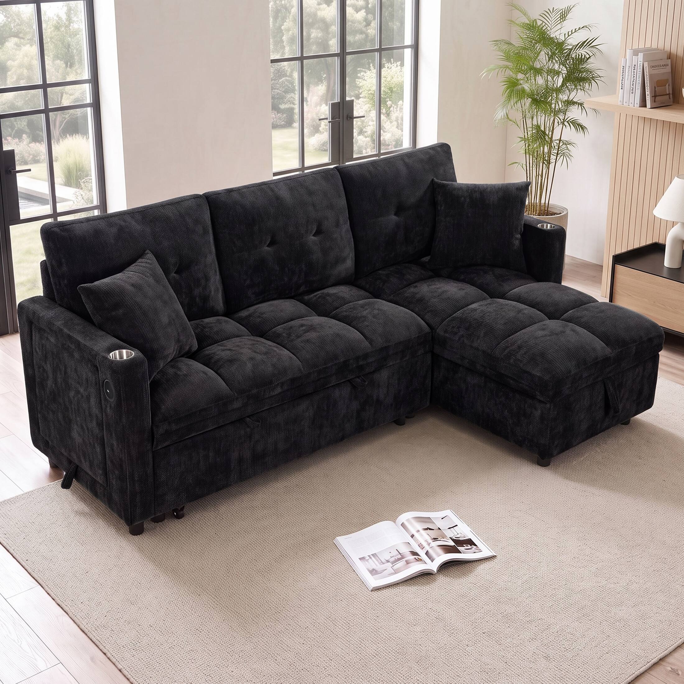 Angle. Anysun - Convertible Plush Sectional Sleeper Sofa with Pull-Out Couch Bed, Cloud Couch with Storage Chaise & USB Charging - Black.