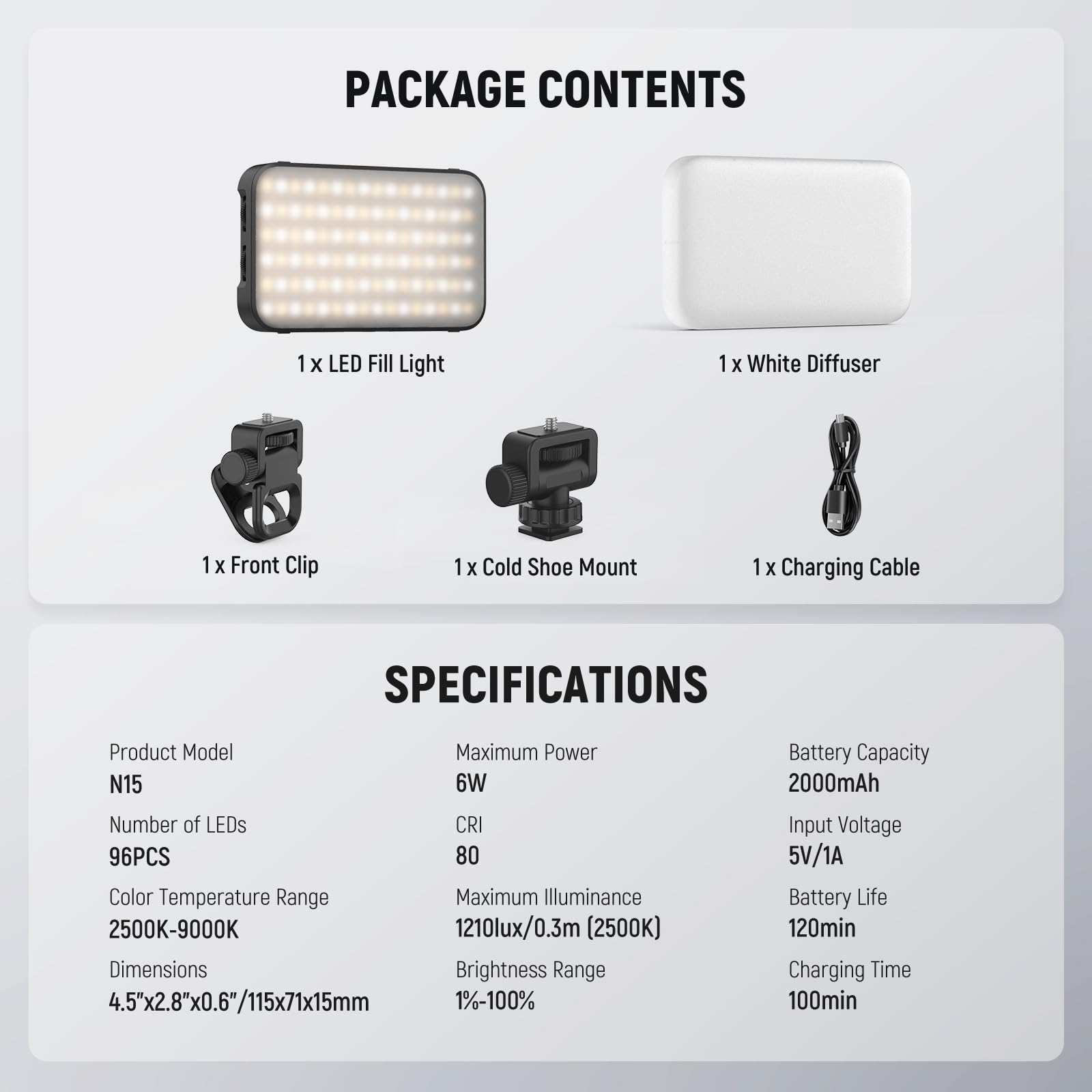 PACKAGE CONTENTS  
1 x LED Fill Light  
1 x White Diffuser  
1 x Front Clip  
1 x Cold Shoe Mount  
1 x Charging Cable  

SPECIFICATIONS  
Product Model: N15  
Maximum Power: 6W  
Number of LEDs: 96PCS  
CRI: 80  
Color Temperature Range: 2500K-9000K  
Maximum Illuminance: 1210lux/0.3m (2500K)  
Dimensions: 4.5"x2.8"x0.6"/115x71x15mm  
Brightness Range: 1%-100%  
Battery Capacity: 2000mAh  
Input Voltage: 5V/1A  
Battery Life: 120min  
Charging Time: 100min