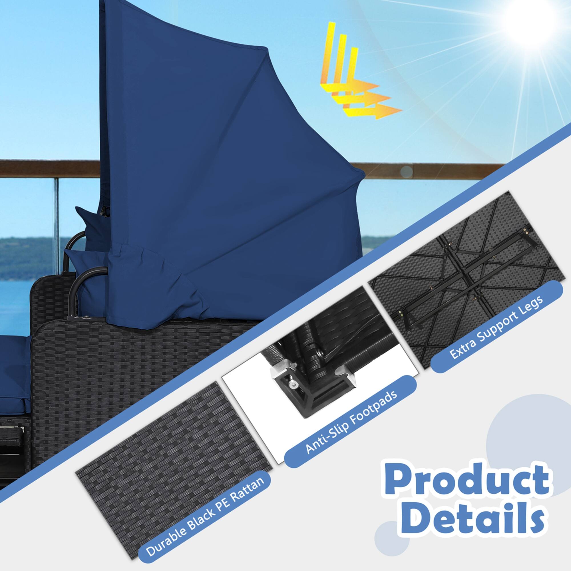 The text on the image is grouped and corrected as follows:
Product Details:
* Rattan PE Black Durable Legs
* Support Extra Footpads
* Anti-Slip
