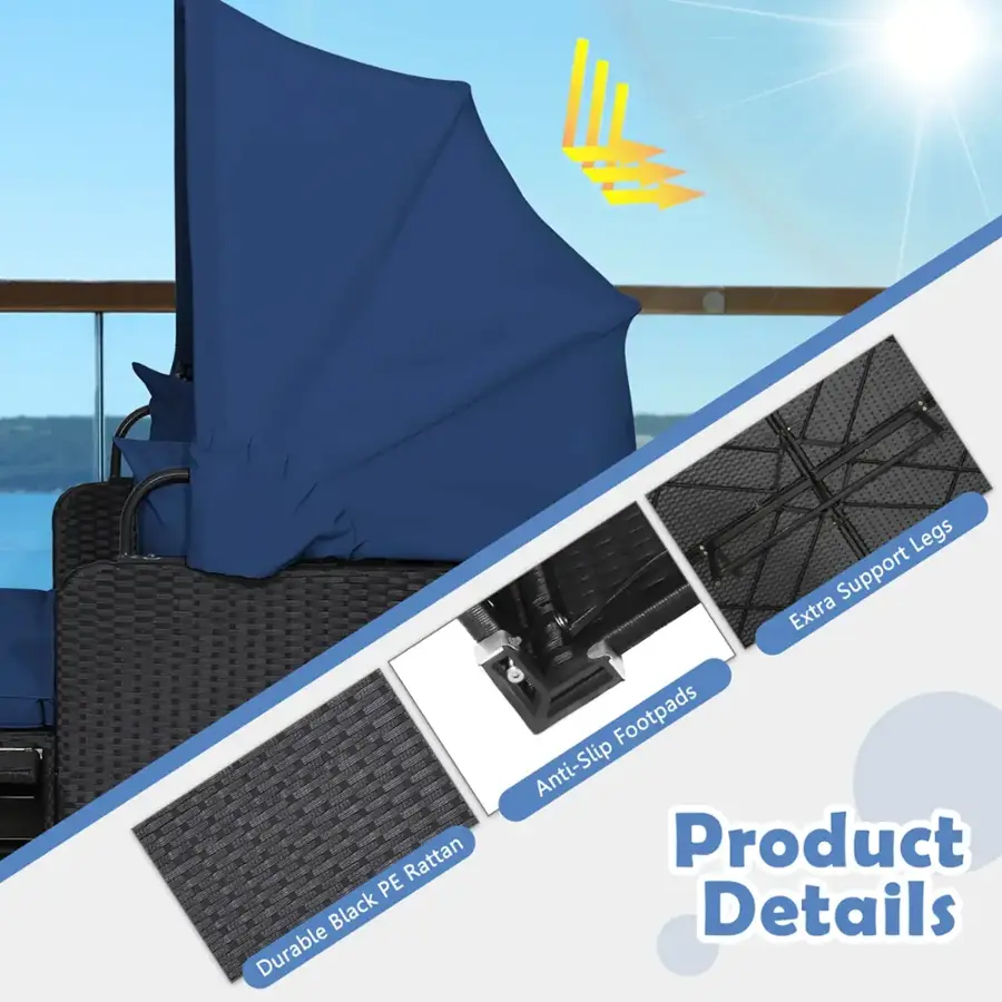 The text on the image is grouped and corrected as follows:

Product Details:

* Rattan PE Black Durable Legs
* Support Extra Footpads
* Anti-Slip