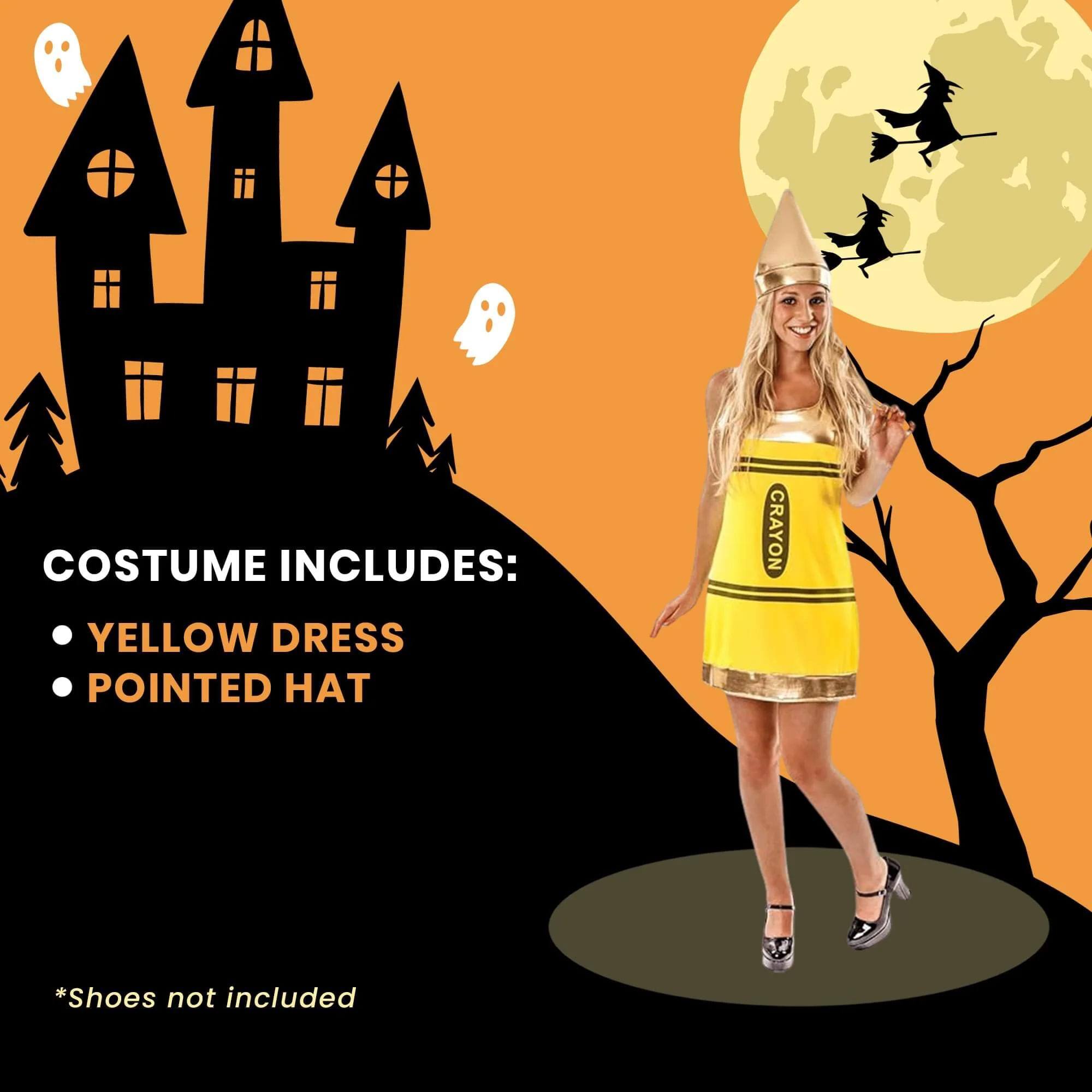 COSTUME INCLUDES:  
- YELLOW DRESS  
- POINTED HAT  

*Shoes not included