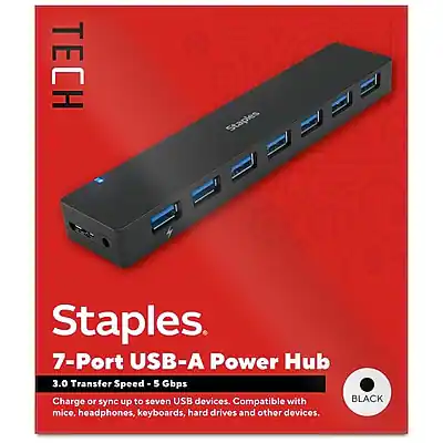 **Staples**
**7-Port USB-A Power Hub**
**3.0 Transfer Speed - 5 Gbps**
Charge or sync up to seven USB devices. Compatible with mice, headphones, keyboards, hard drives, and other devices.