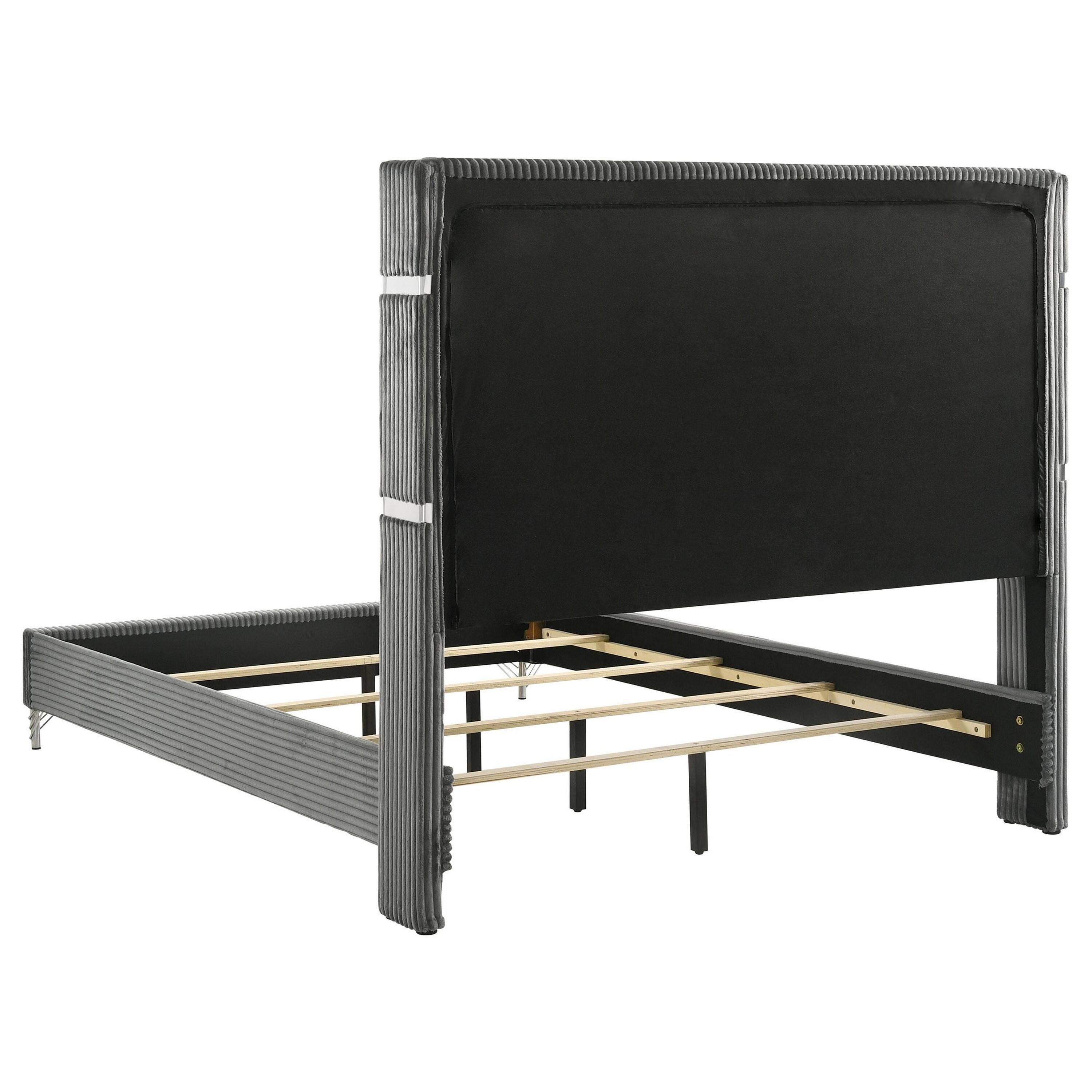 Alt View 2. Manhattan Lane - Jenny Queen Size Bed, Wingback Fluted Upholstered Headboard - Gray, Chrome.