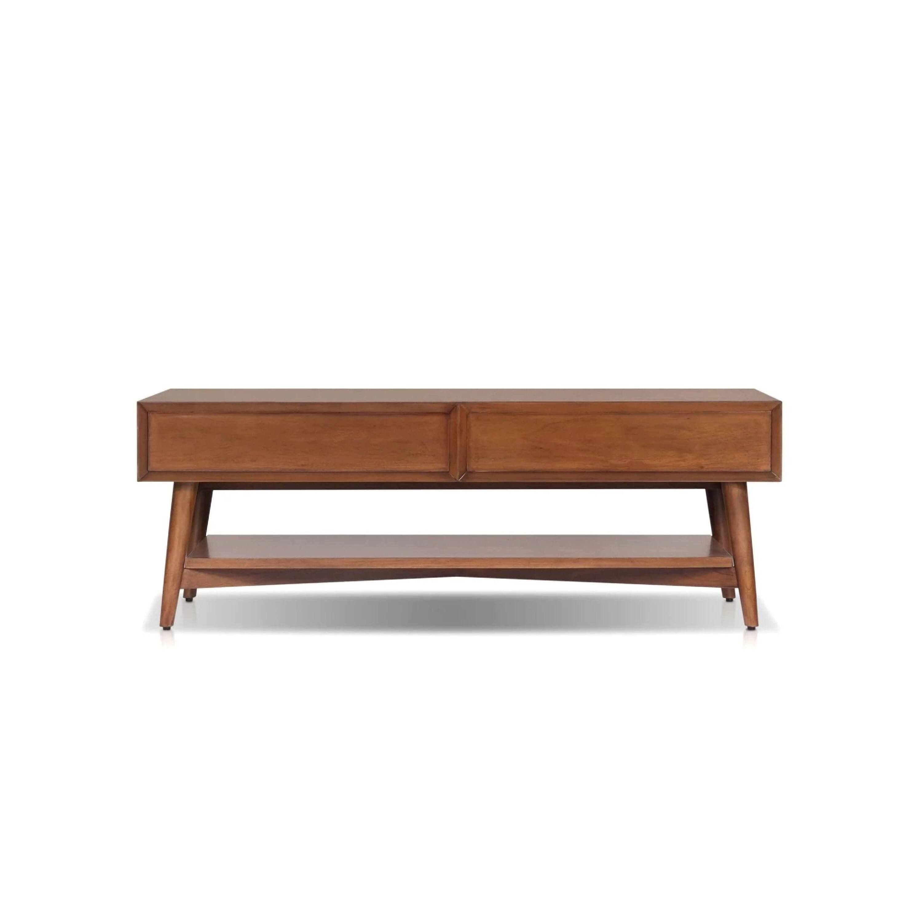 Left. Manhattan Lane - Ian Coffee Table, 2 Drawers and Shelf, 48 Inch Rectangular - Chestnut Brown, Nickel.