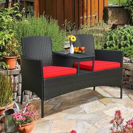 Gymax - Patented Rattan Wicker Patio Conversation Set w/ Loveseat Table Cushion - Red