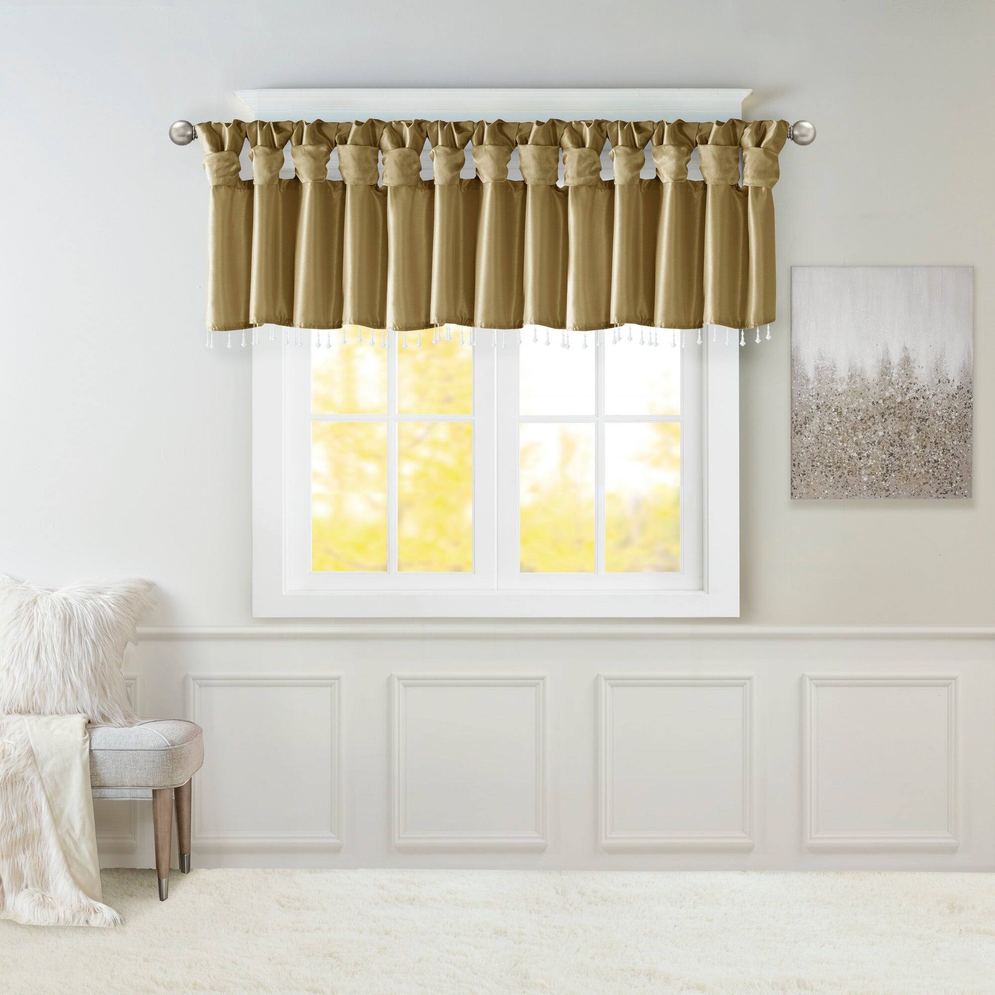 Front. BreeBe - Lightweight Faux Silk Valance With Beads Bronze 50x26' - Bronze.