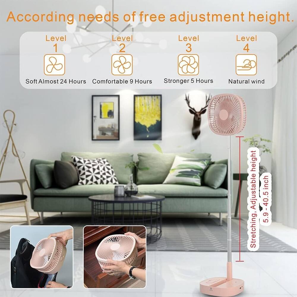 According to the needs of free adjustment height.  
Level 1: Soft Almost 24 Hours  
Level 2: Comfortable 9 Hours  
Level 3: Stronger 5 Hours  
Level 4: Natural wind  

Stretching, Adjustable height: 5.9 - 40.5 inches