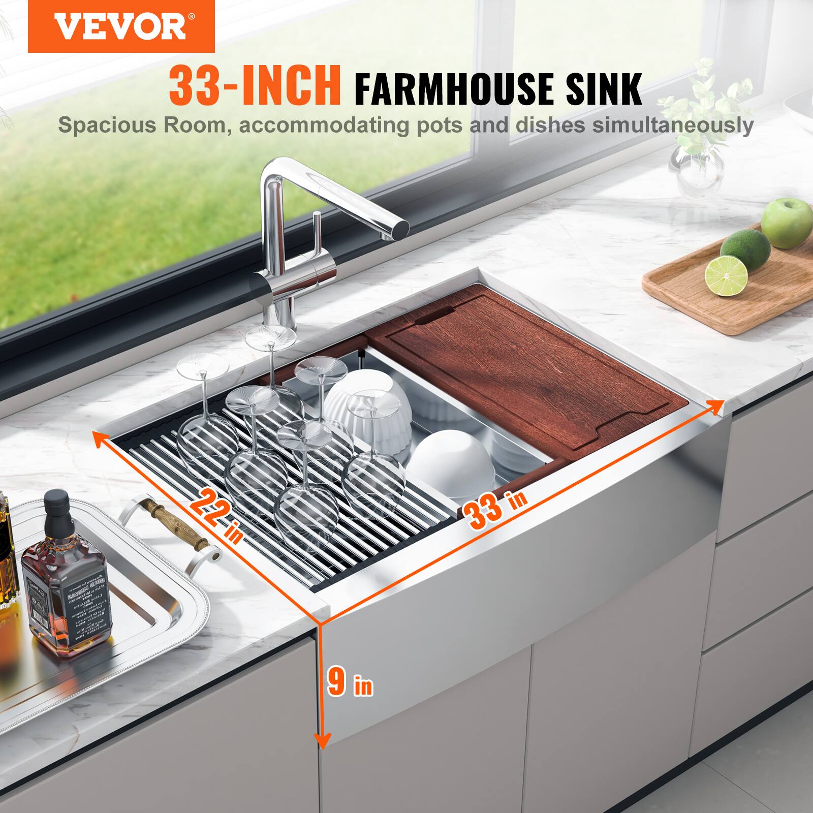 VEVOR 33-INCH FARMHOUSE SINK  
Spacious Room, accommodating pots and dishes simultaneously  
- 22 in  
- 33 in  
- 9 in