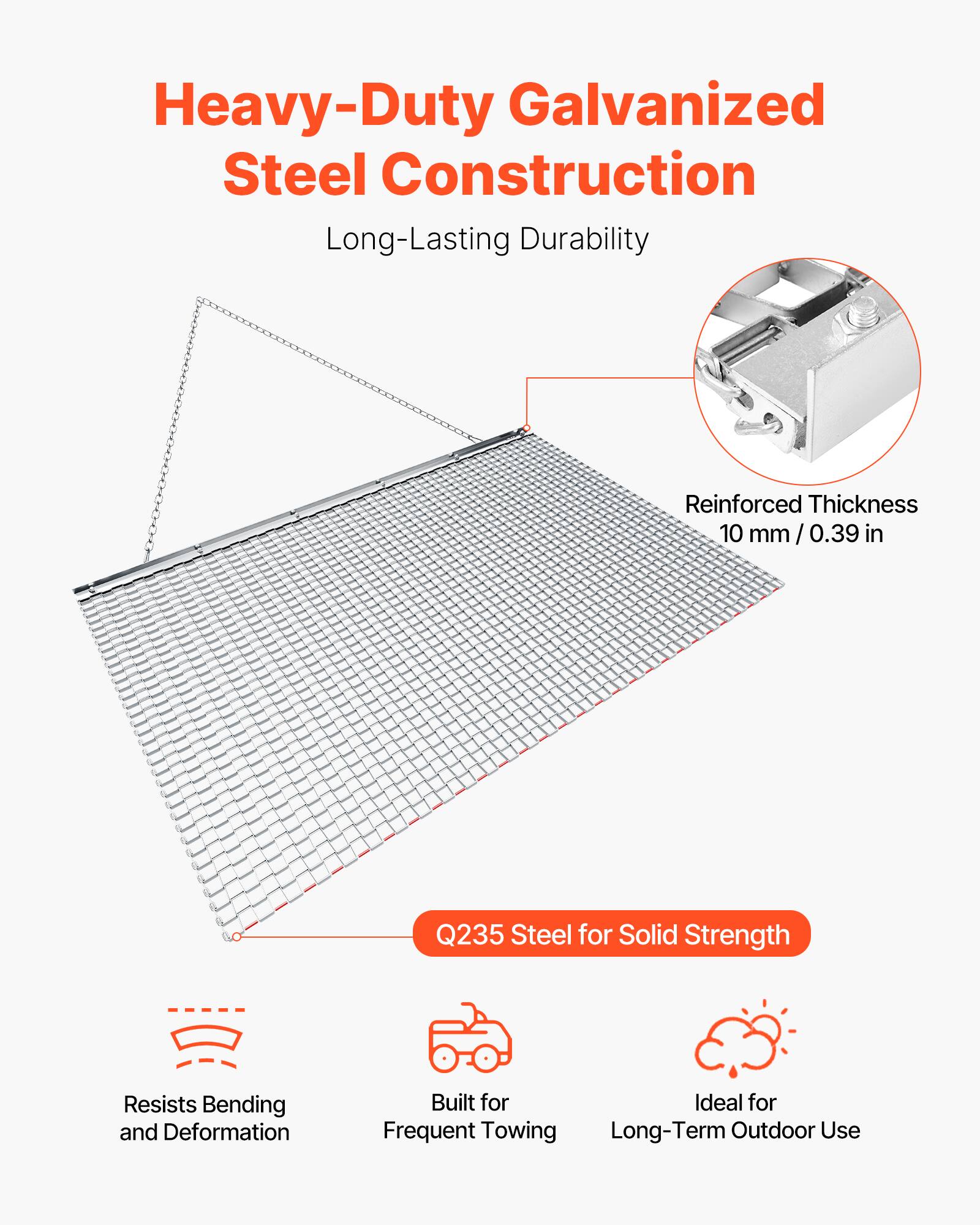 Heavy-Duty Galvanized Steel Construction  
Long-Lasting Durability  
Reinforced Thickness 10 mm / 0.39 in  
Q235 Steel for Solid Strength  
Resists Bending and Deformation  
Built for Frequent Towing  
Ideal for Long-Term Outdoor Use