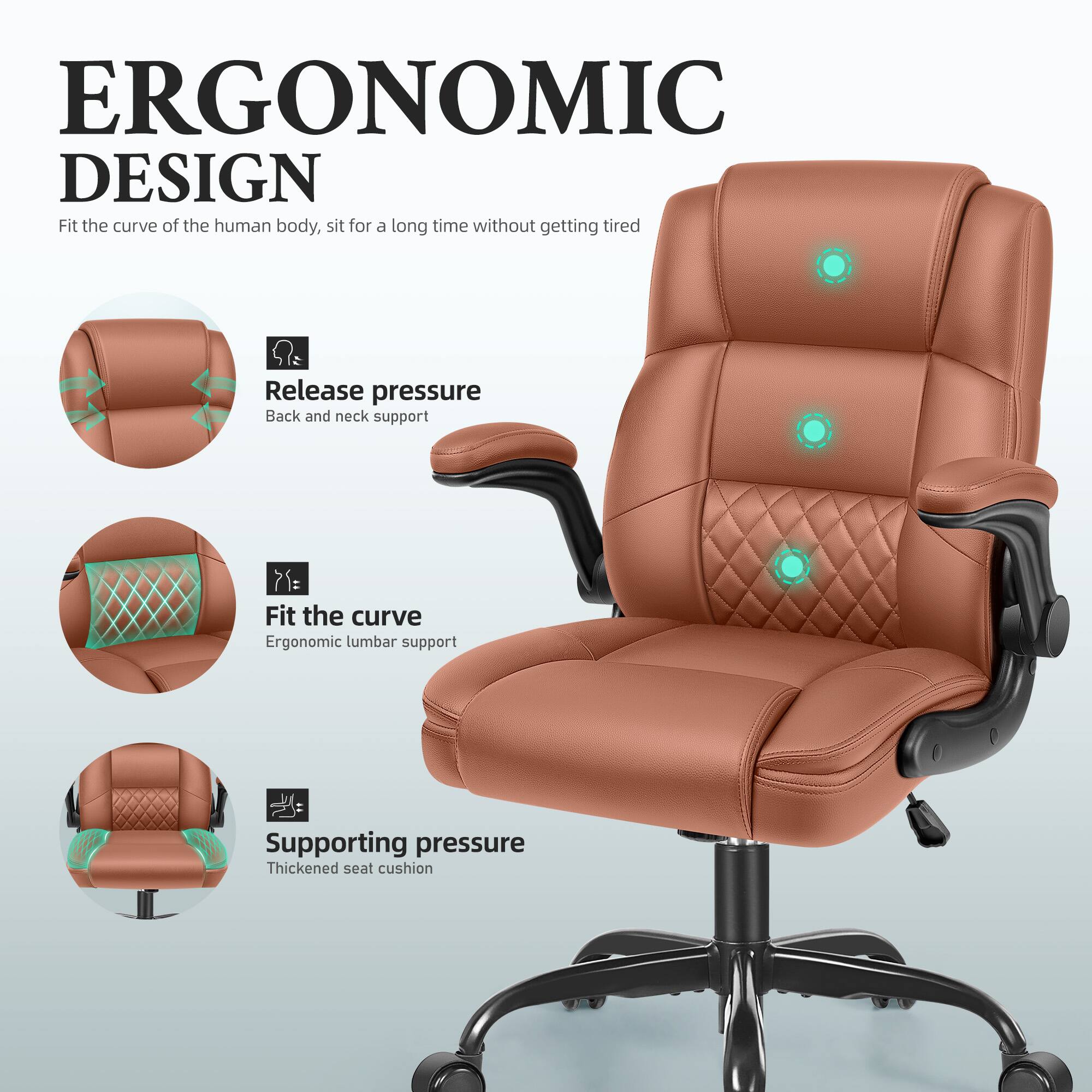 ERGONOMIC DESIGN  
Fit the curve of the human body, sit for a long time without getting tired

Release pressure  
Back and neck support

Fit the curve  
Ergonomic lumbar support

Supporting pressure  
Thickened seat cushion
