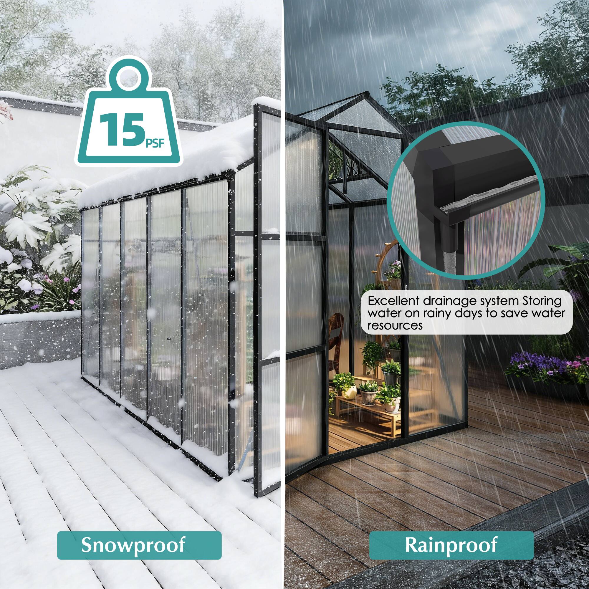 15 PSF  
Excellent drainage system  
Storing water on rainy days to save water resources  
Snowproof  
Rainproof