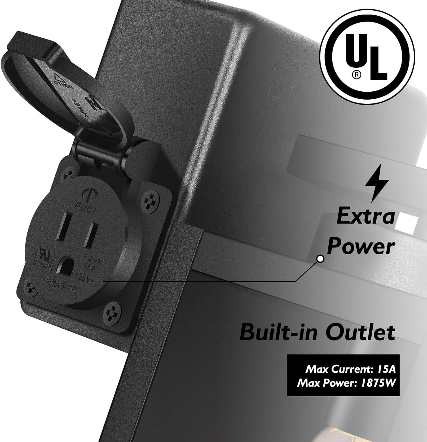Sure, here is the corrected and grouped text:

- **Extra Power**
- **Built-in Outlet**
- **Max Current: 15A**
- **Max Power: 1875W**
- **NEMA 5-15R**
- **125V~**
- **PQ-031**
- **E314072**
- **UL**