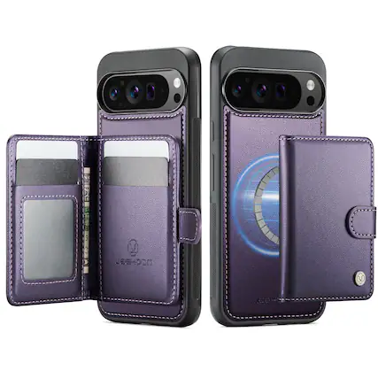 Front. Dteck - For Google Pixe 10 Pro XL Leather Flip Stand RFID Leather Wallet Mag Safe Case With Deachable Card Holder - Purple.