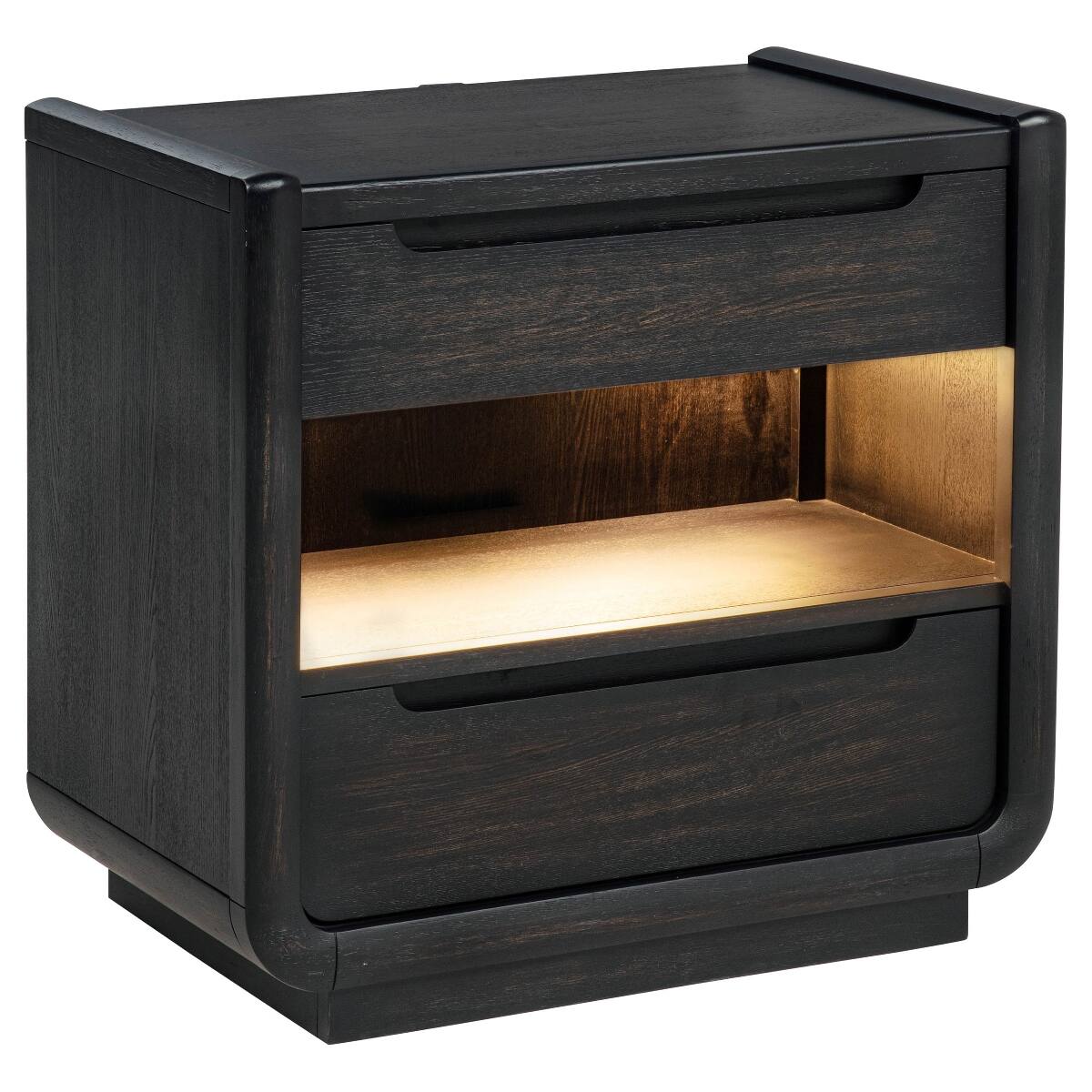 Angle. Loheer - Loheer Burnished Black Two Drawer LED Nightstand with USB-A and USB-C Ports - Burnished Black.
